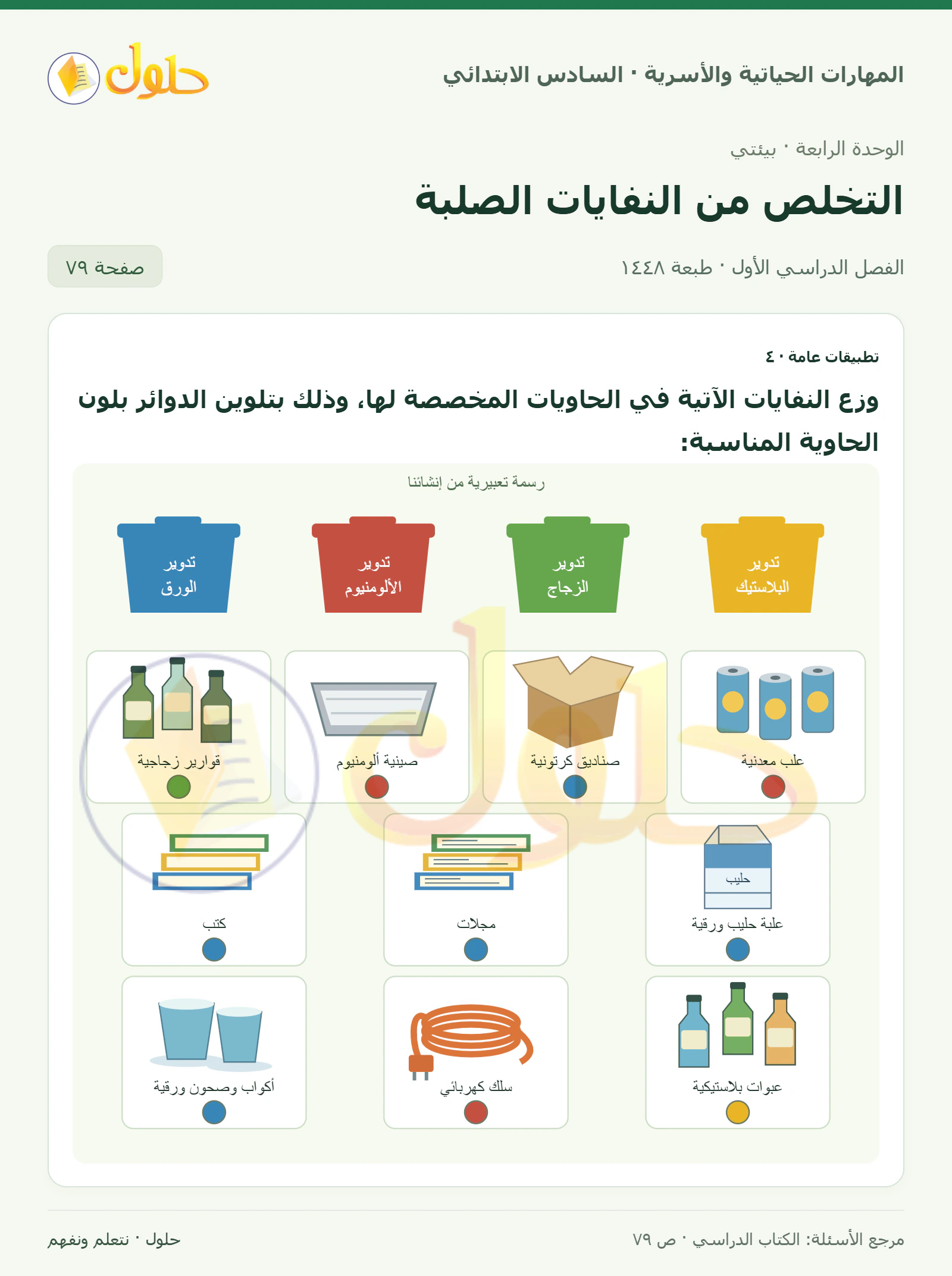 حل تطبيقات عامة: فرز النفايات في المهارات الحياتية والأسرية للصف السادس الابتدائي صفحة ٧٩