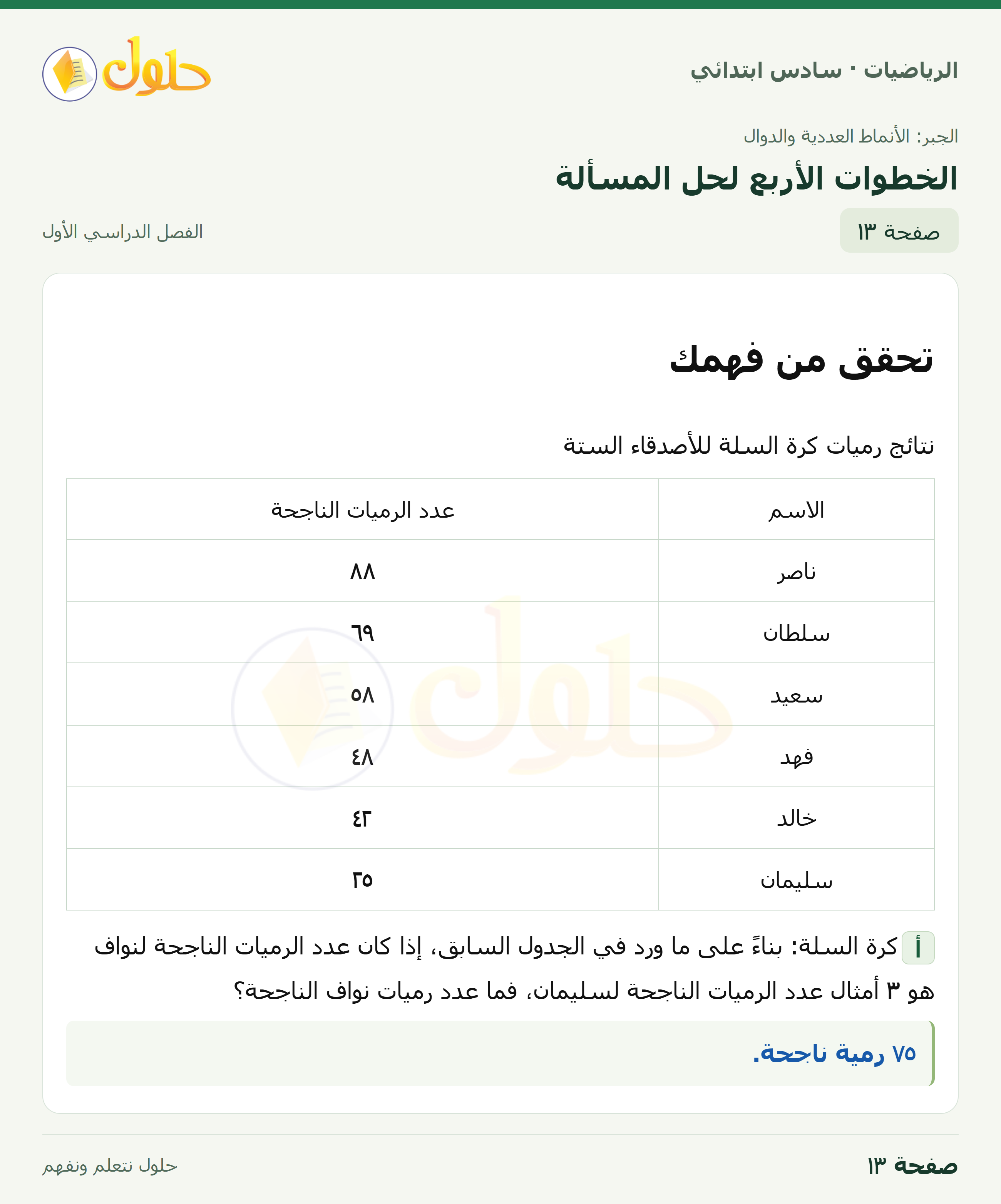 حل رياضيات الصف السادس الابتدائي صفحة 13 الجزء 1