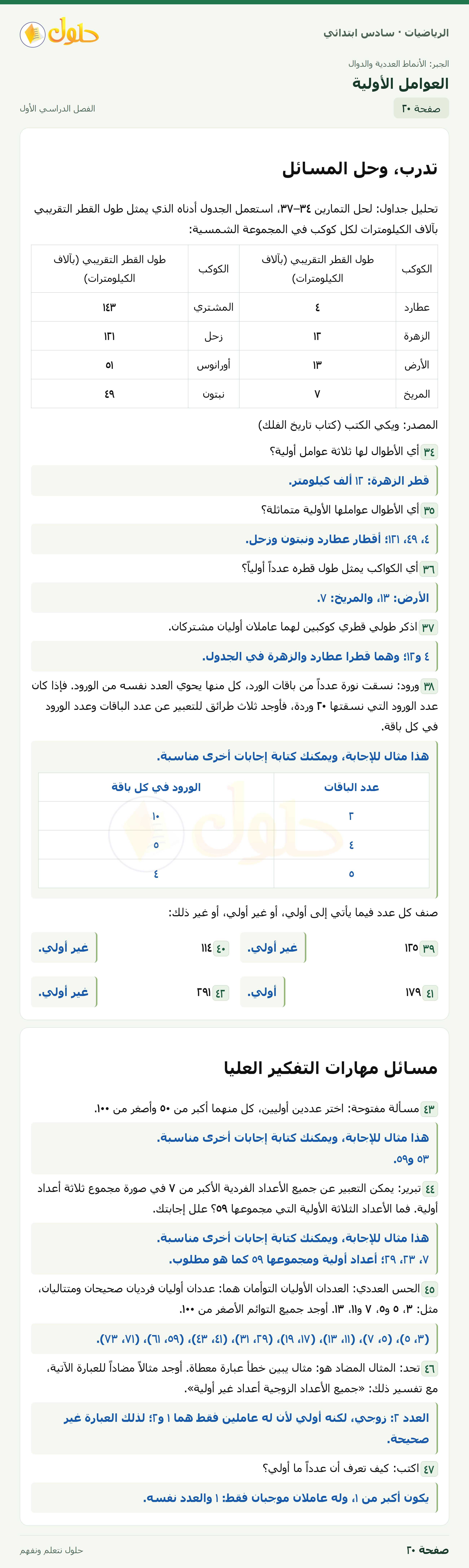 حل رياضيات الصف السادس الابتدائي صفحة 20 الجزء 1