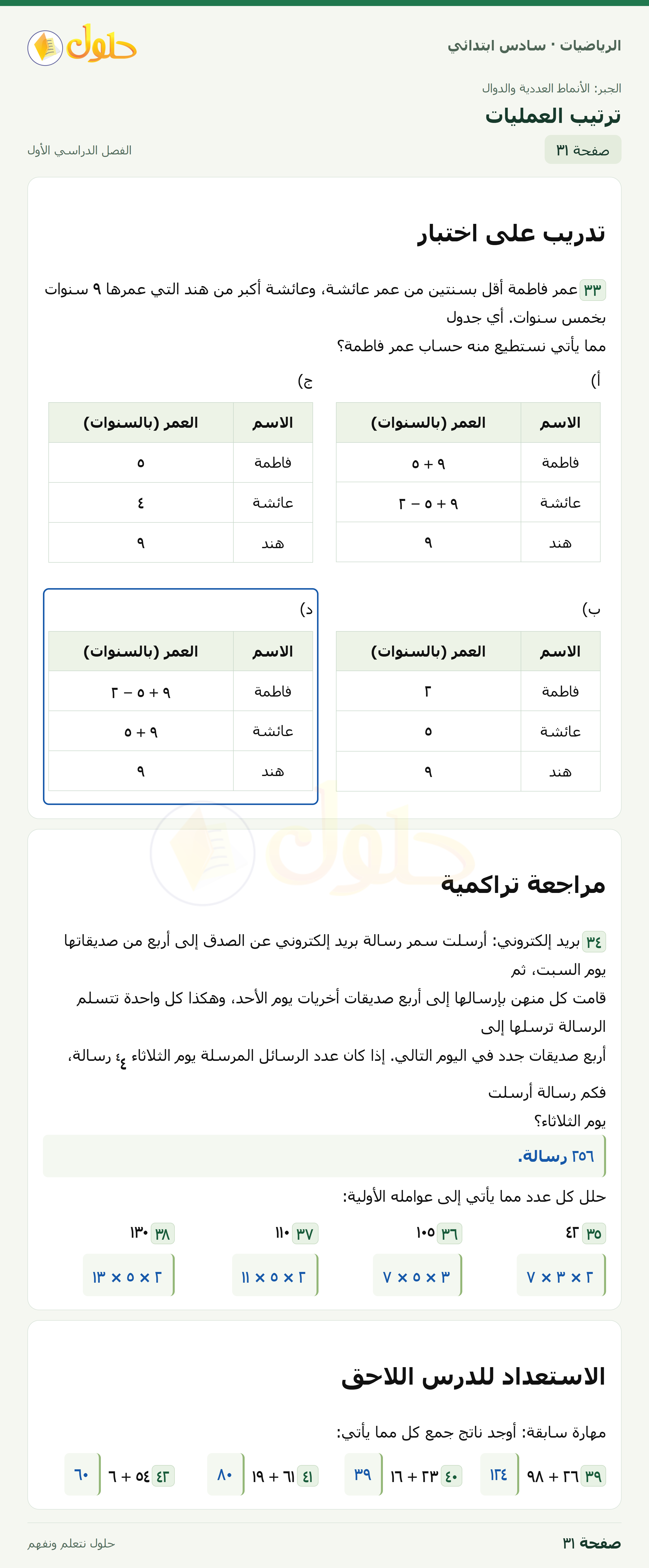 حل رياضيات الصف السادس الابتدائي صفحة 31 الجزء 1