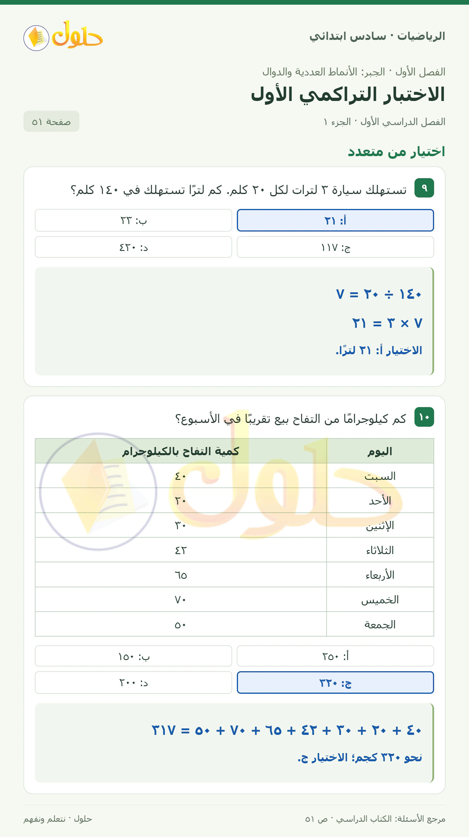 حل رياضيات الصف السادس الابتدائي صفحة 51 الجزء 1