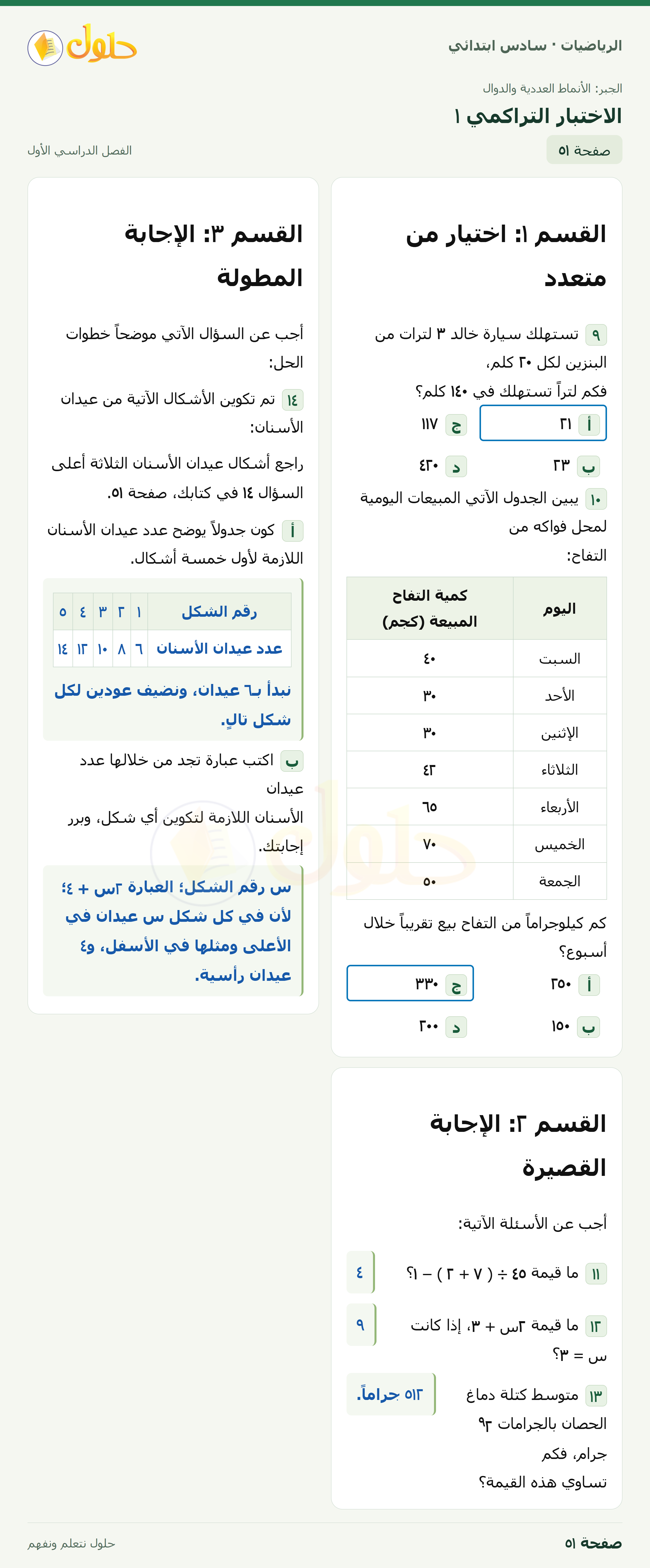 حل رياضيات الصف السادس الابتدائي صفحة 51 الجزء 1