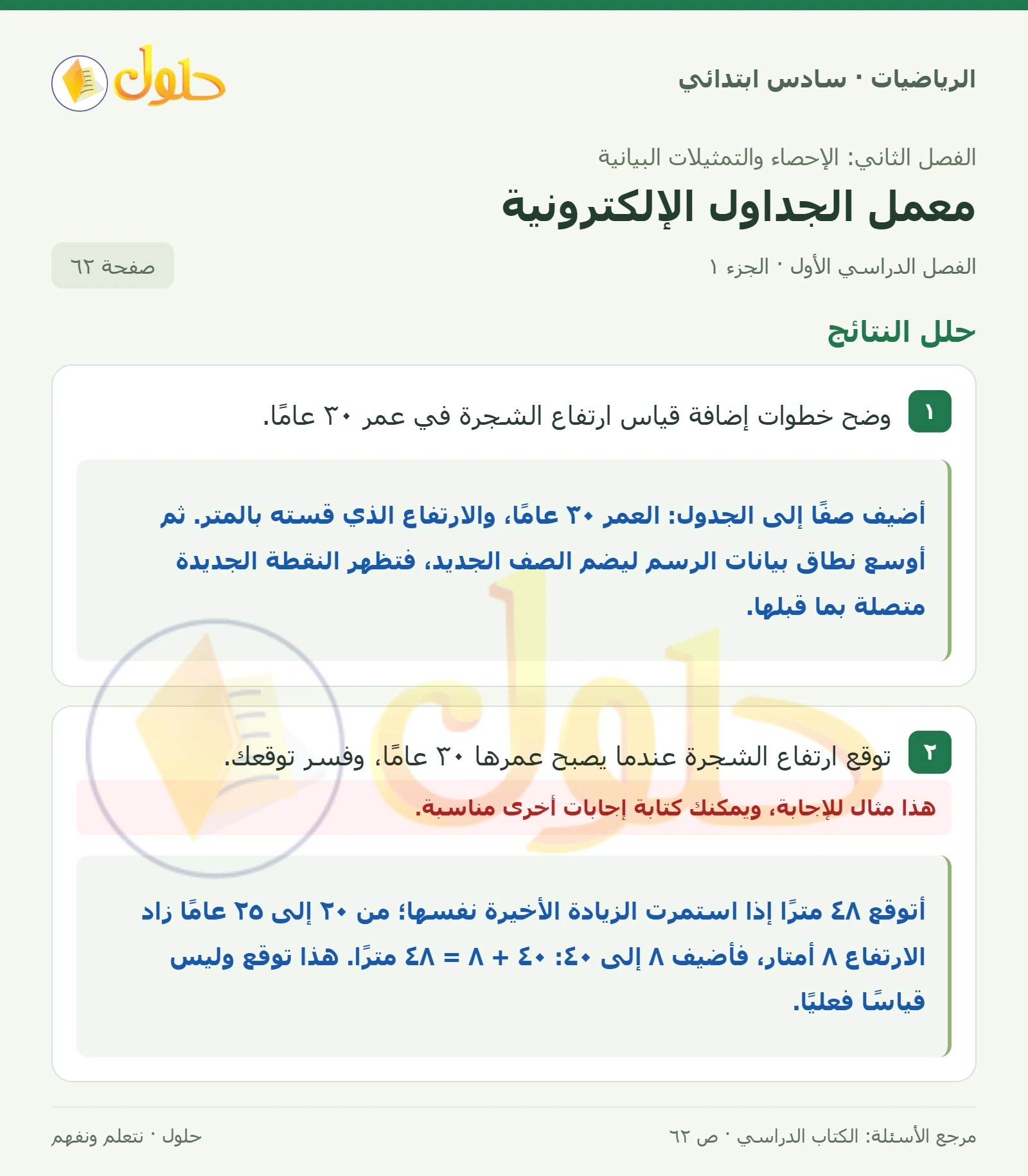 حل رياضيات الصف السادس الابتدائي صفحة 62 الجزء 1