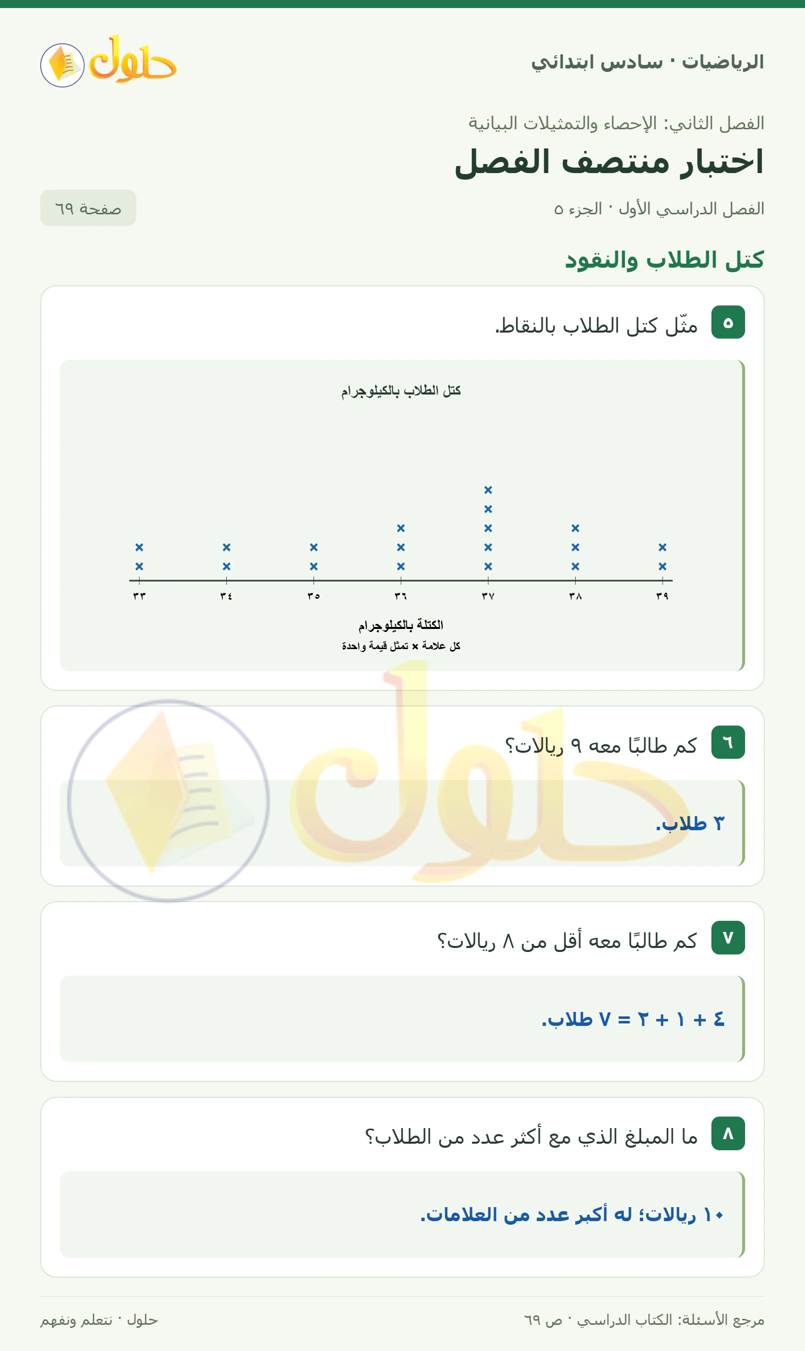 حل رياضيات الصف السادس الابتدائي صفحة 69 الجزء 5