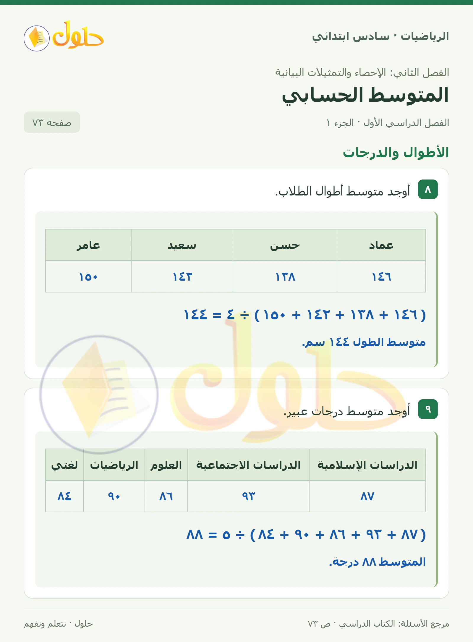 حل رياضيات الصف السادس الابتدائي صفحة 73 الجزء 1