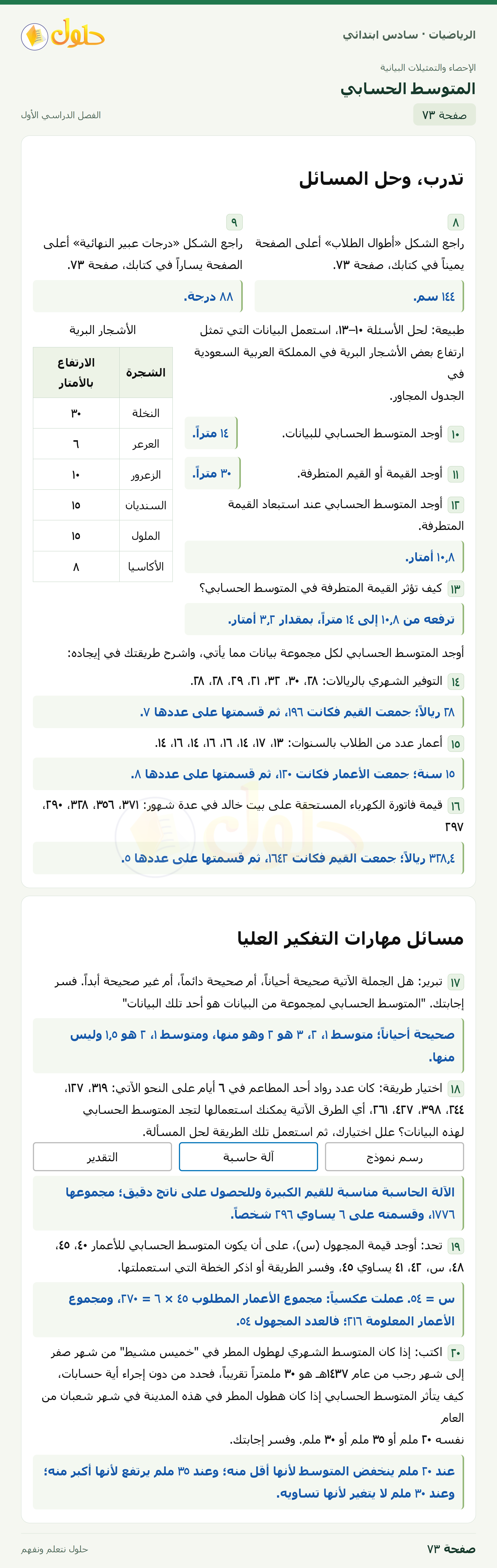 حل رياضيات الصف السادس الابتدائي صفحة 73 الجزء 1