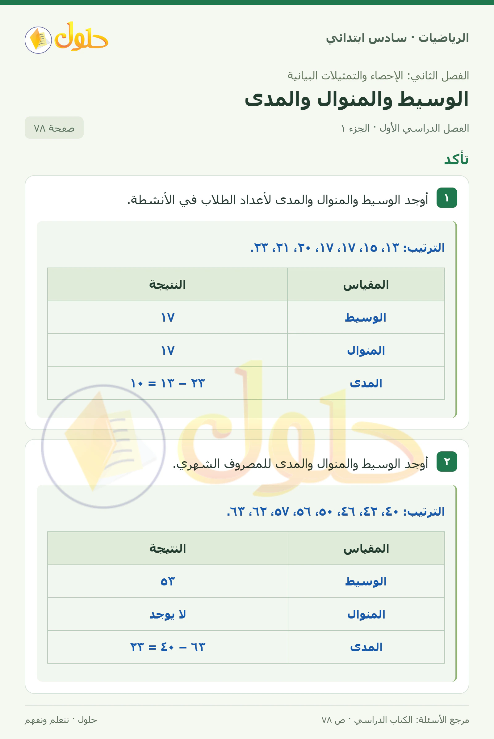 حل رياضيات الصف السادس الابتدائي صفحة 78 الجزء 1