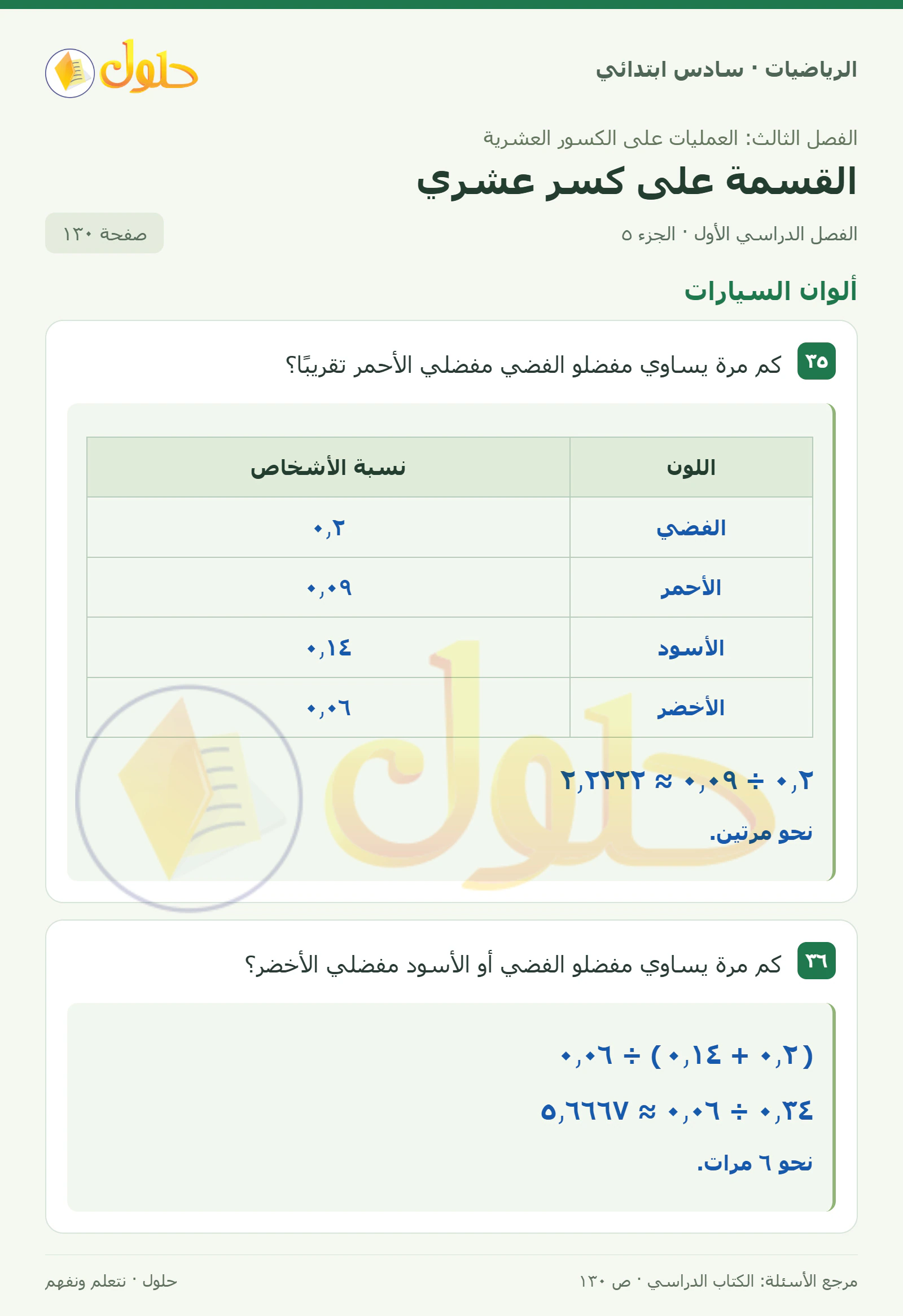 حل رياضيات الصف السادس الابتدائي صفحة 130 الجزء 5