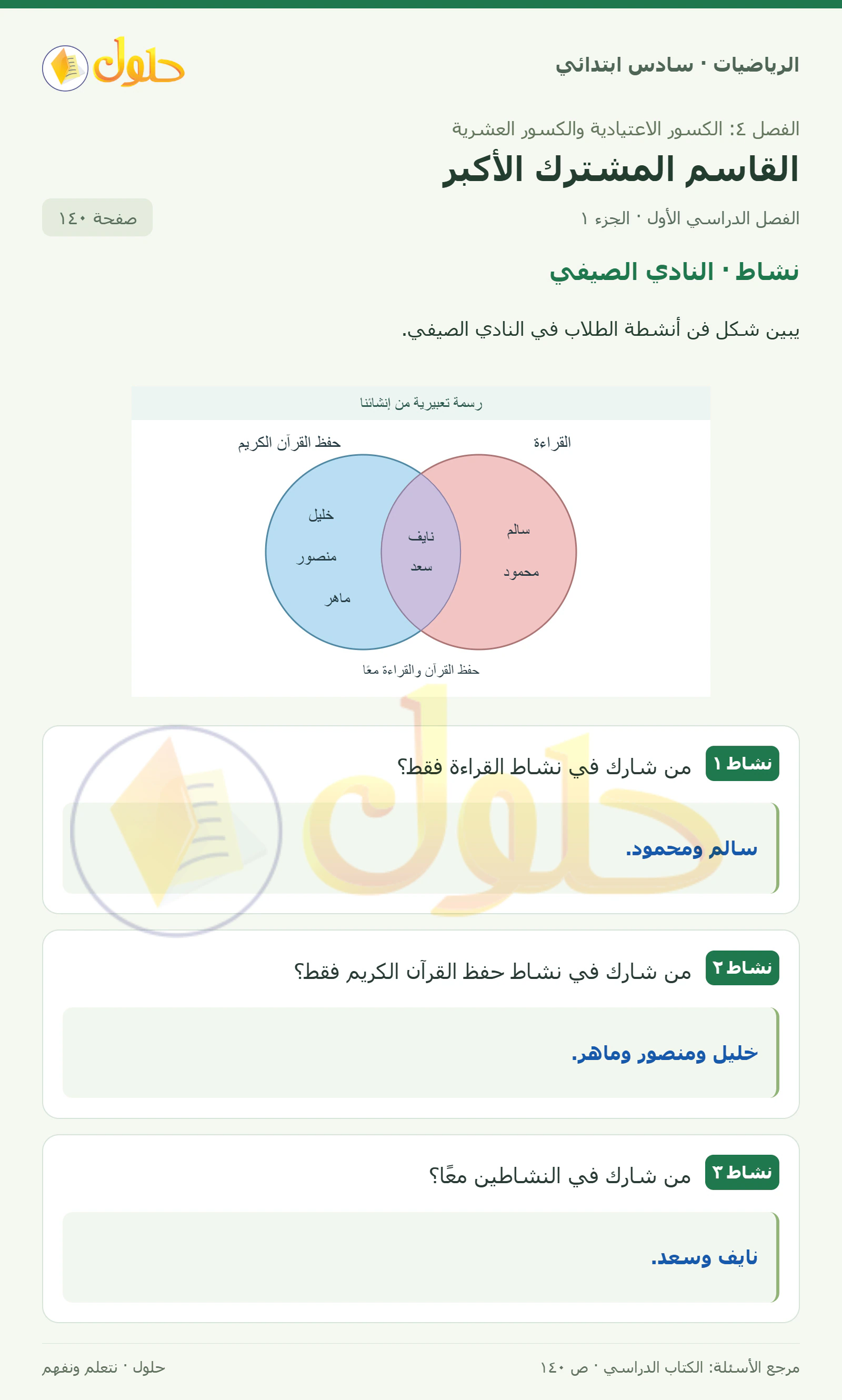 حل رياضيات الصف السادس الابتدائي صفحة 140 الجزء 1