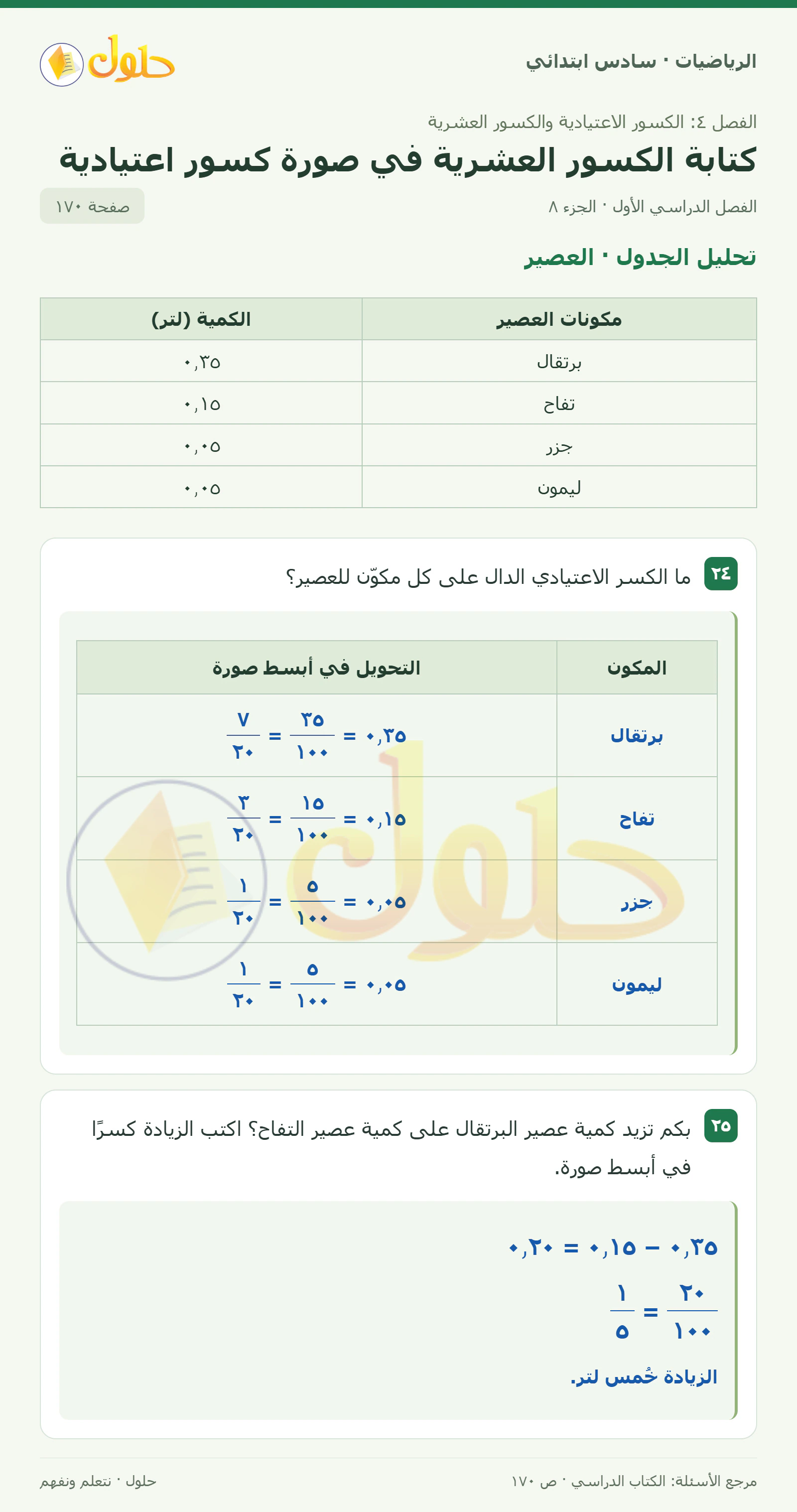 حل رياضيات الصف السادس الابتدائي صفحة 170 الجزء 8