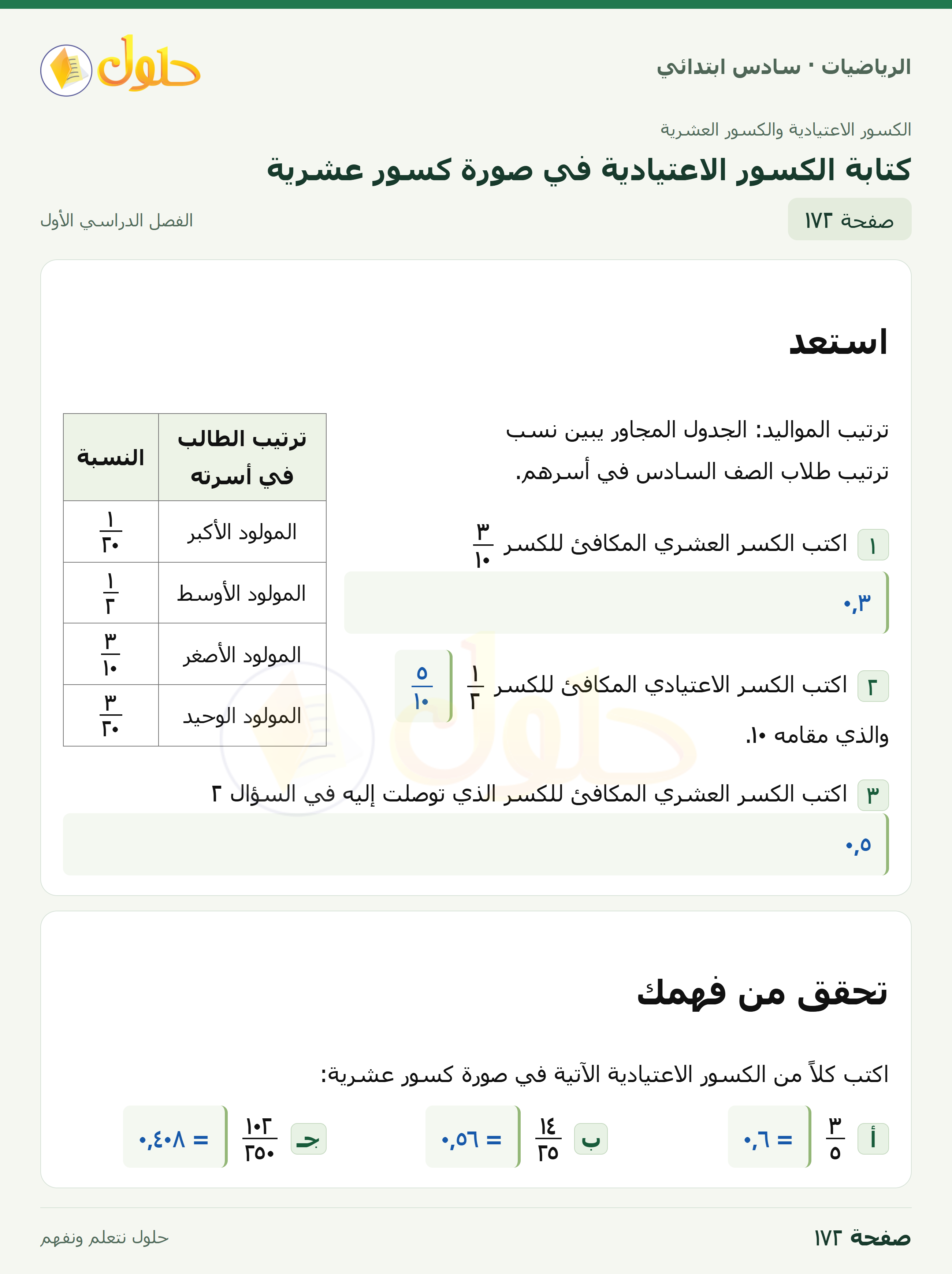 حل رياضيات الصف السادس الابتدائي صفحة 172 الجزء 1