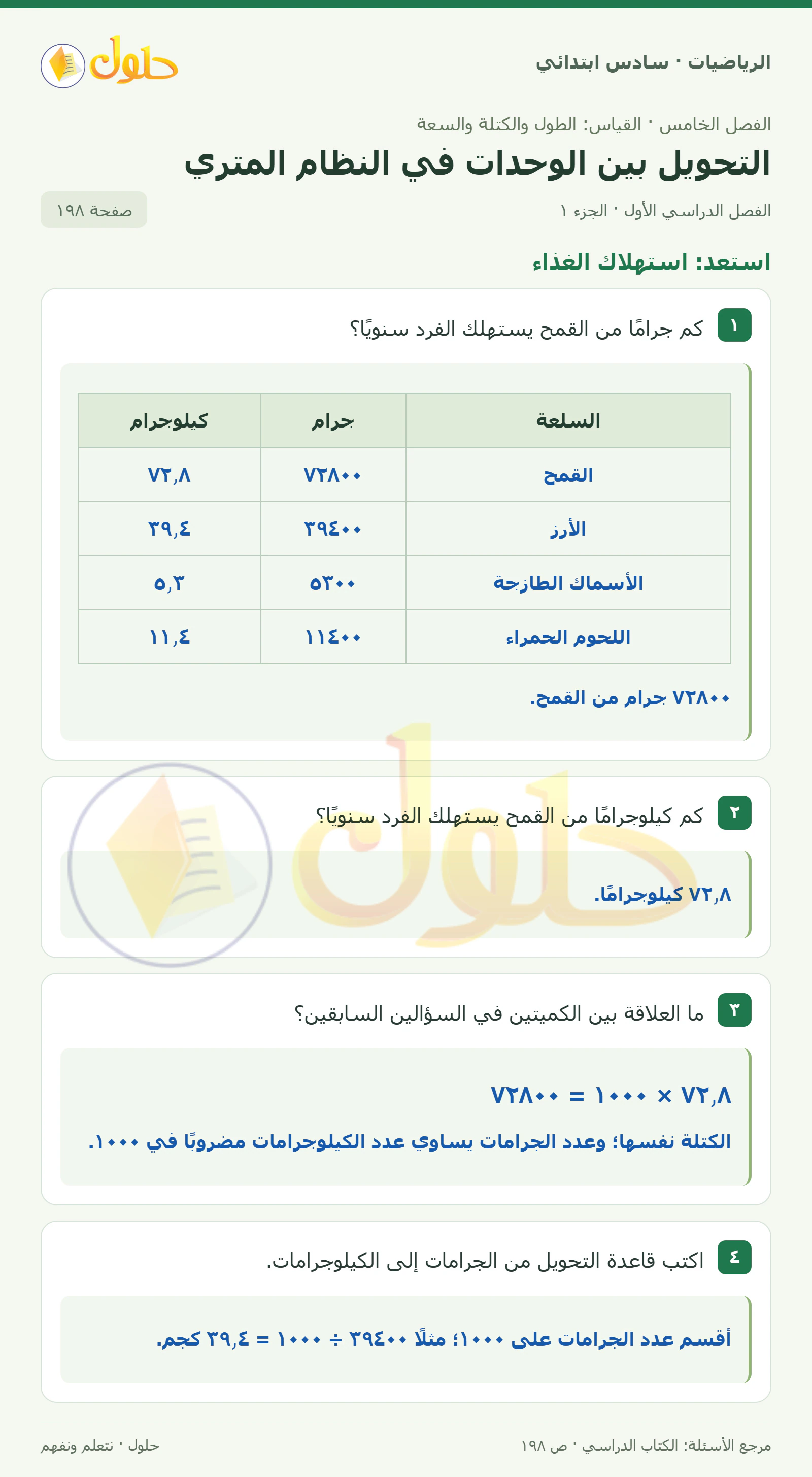 حل رياضيات الصف السادس الابتدائي صفحة 198 الجزء 1