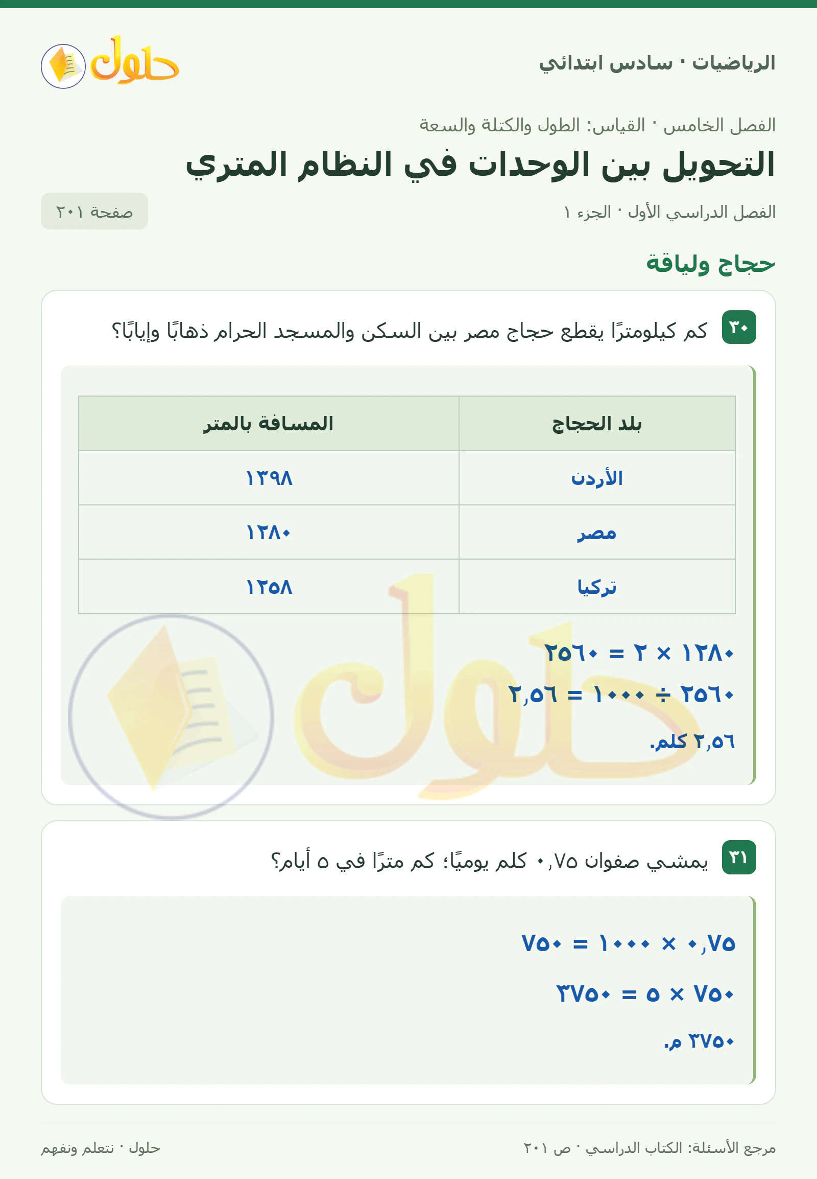 حل رياضيات الصف السادس الابتدائي صفحة 201 الجزء 1
