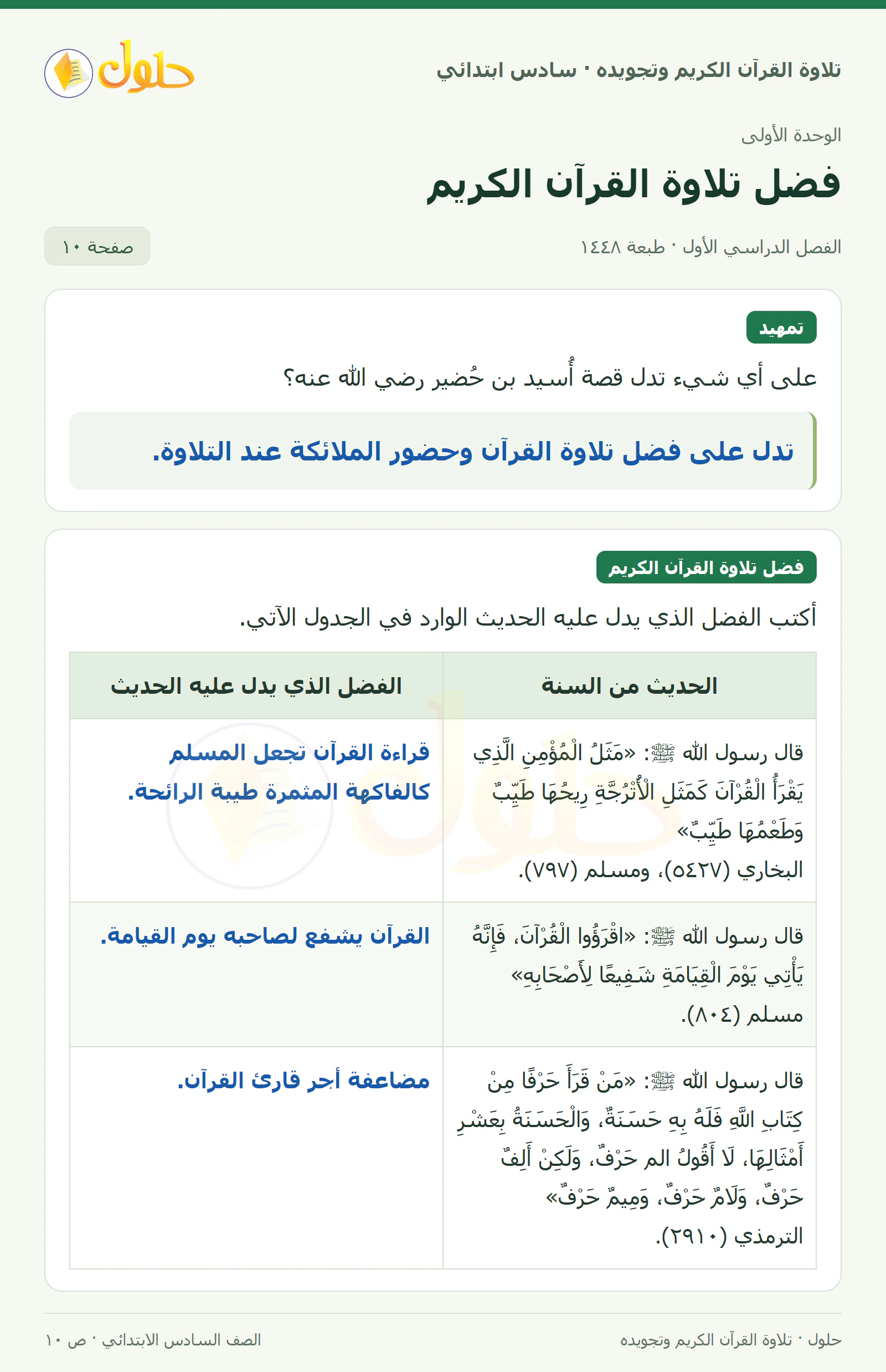 تمهيد · فضل تلاوة القرآن الكريم في القرآن الكريم والتلاوة للصف السادس الابتدائي، الفصل الدراسي الأول، صفحة ١٠