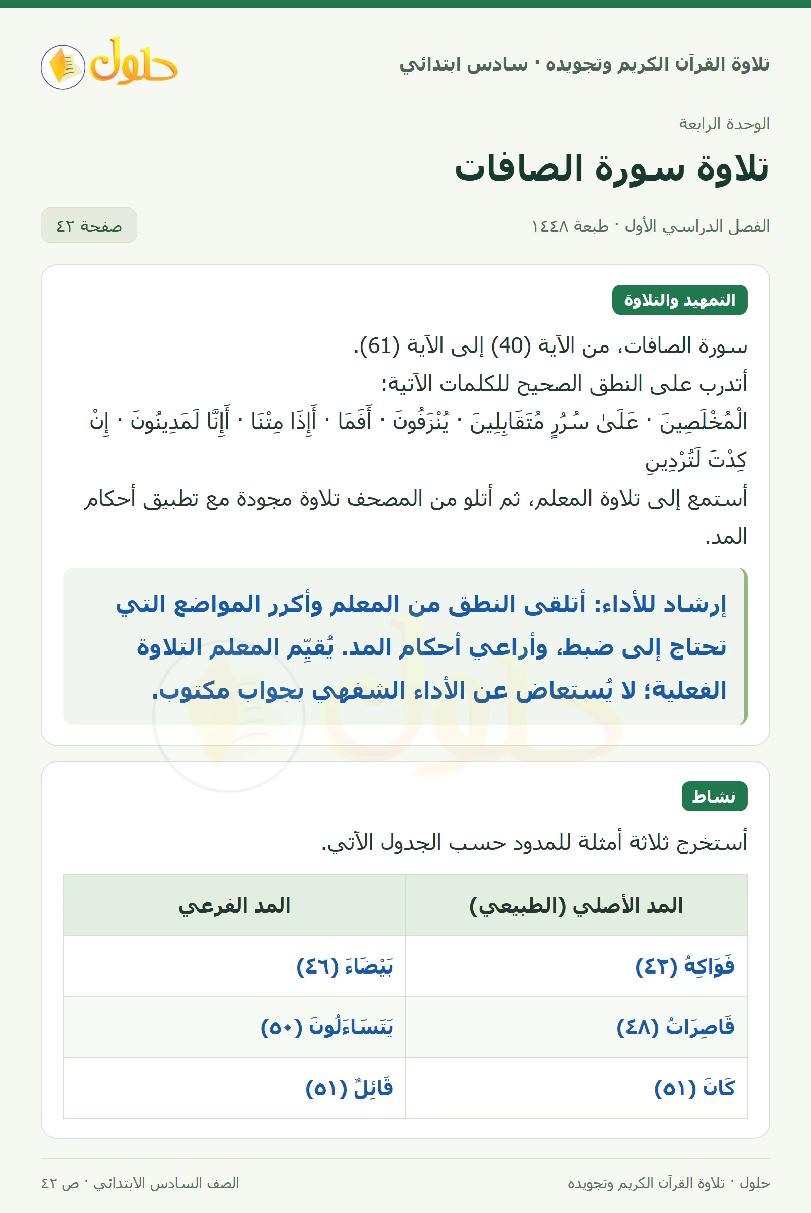 تلاوة وتطبيق · نشاط في القرآن الكريم والتلاوة للصف السادس الابتدائي، الفصل الدراسي الأول، صفحة ٤٢