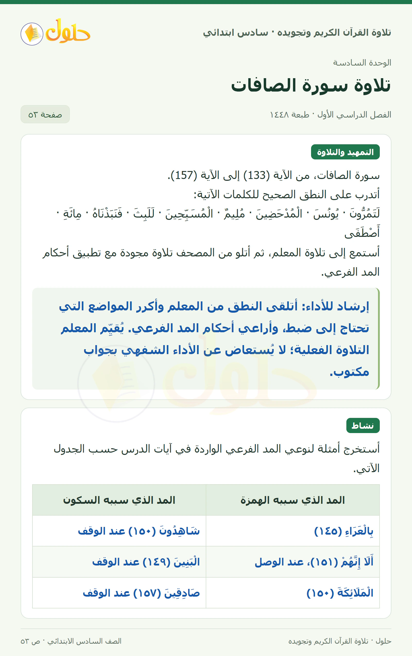 تلاوة وتطبيق · نشاط في القرآن الكريم والتلاوة للصف السادس الابتدائي، الفصل الدراسي الأول، صفحة ٥٣