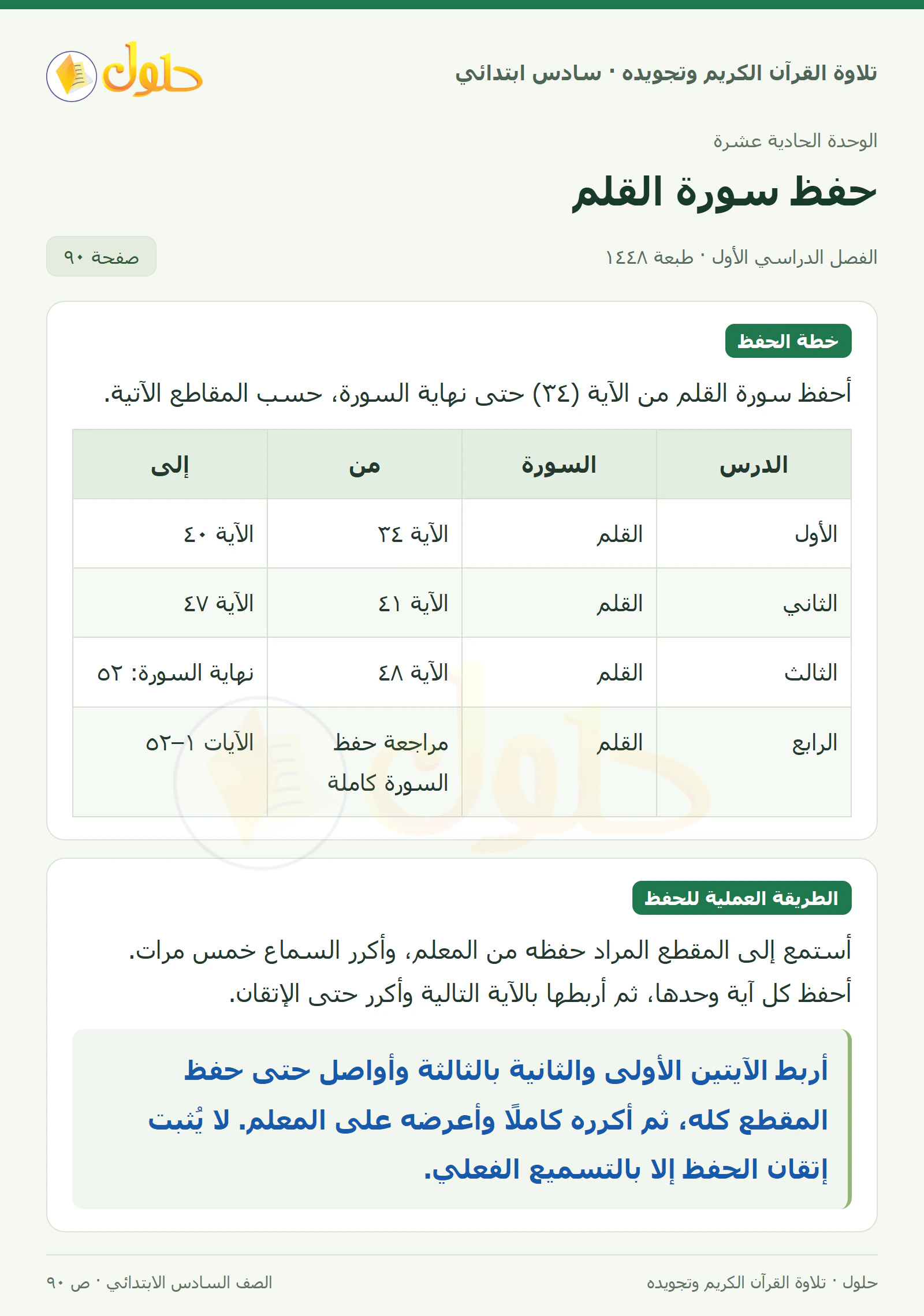 خطة الحفظ · إرشادات الحفظ في القرآن الكريم والتلاوة للصف السادس الابتدائي، الفصل الدراسي الأول، صفحة ٩٠