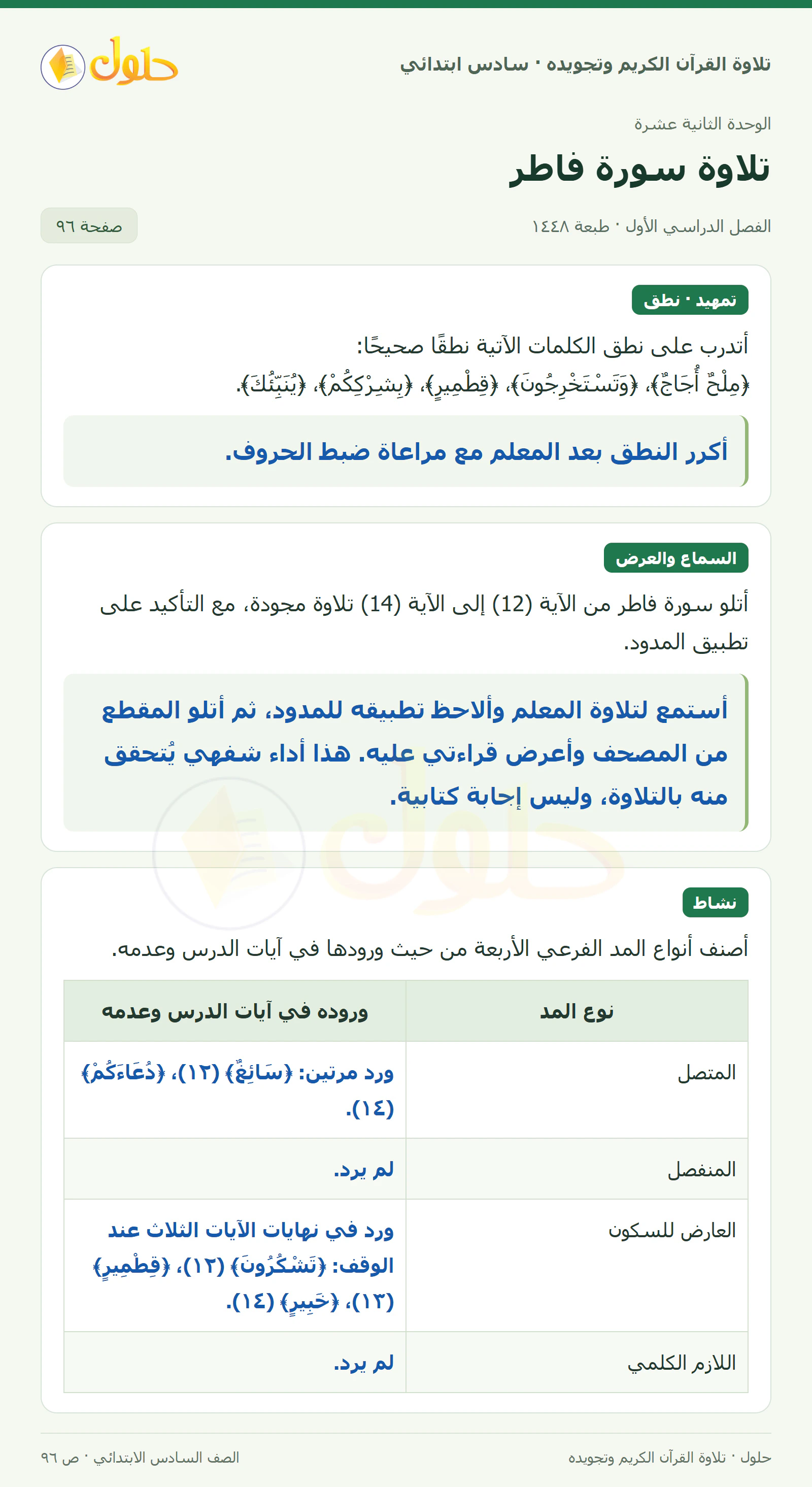 تمهيد · تلاوة وتطبيق في القرآن الكريم والتلاوة للصف السادس الابتدائي، الفصل الدراسي الأول، صفحة ٩٦
