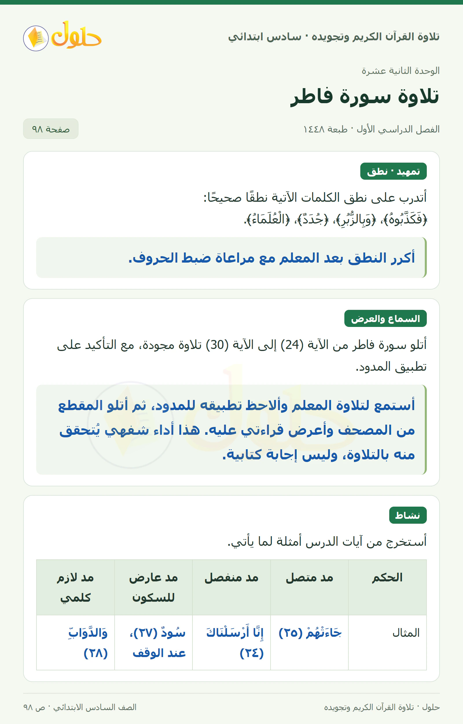 تمهيد · تلاوة وتطبيق في القرآن الكريم والتلاوة للصف السادس الابتدائي، الفصل الدراسي الأول، صفحة ٩٨