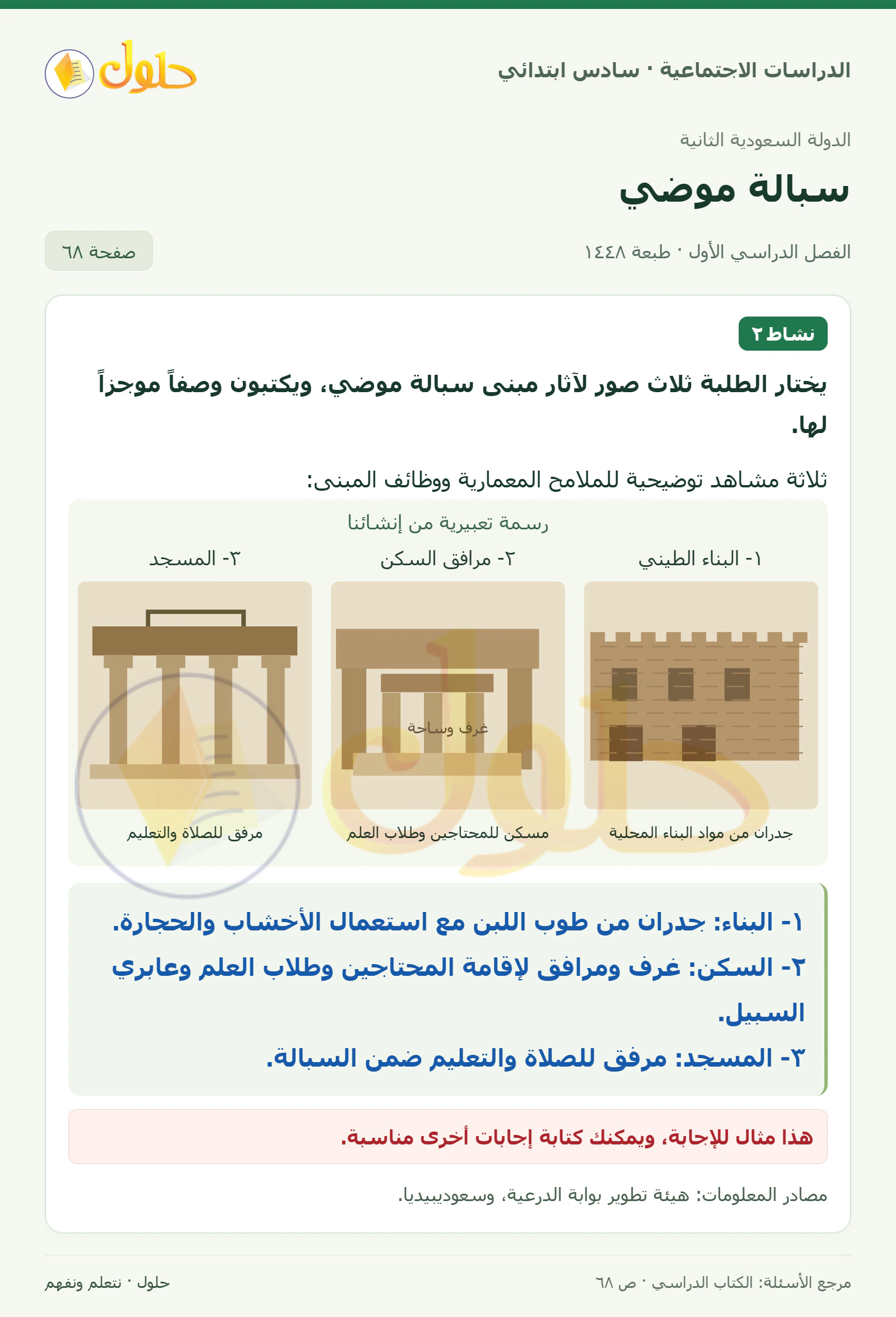 حل الدراسات الاجتماعية للصف السادس الابتدائي، الفصل الدراسي الأول، صفحة ٦٨، الجزء ١