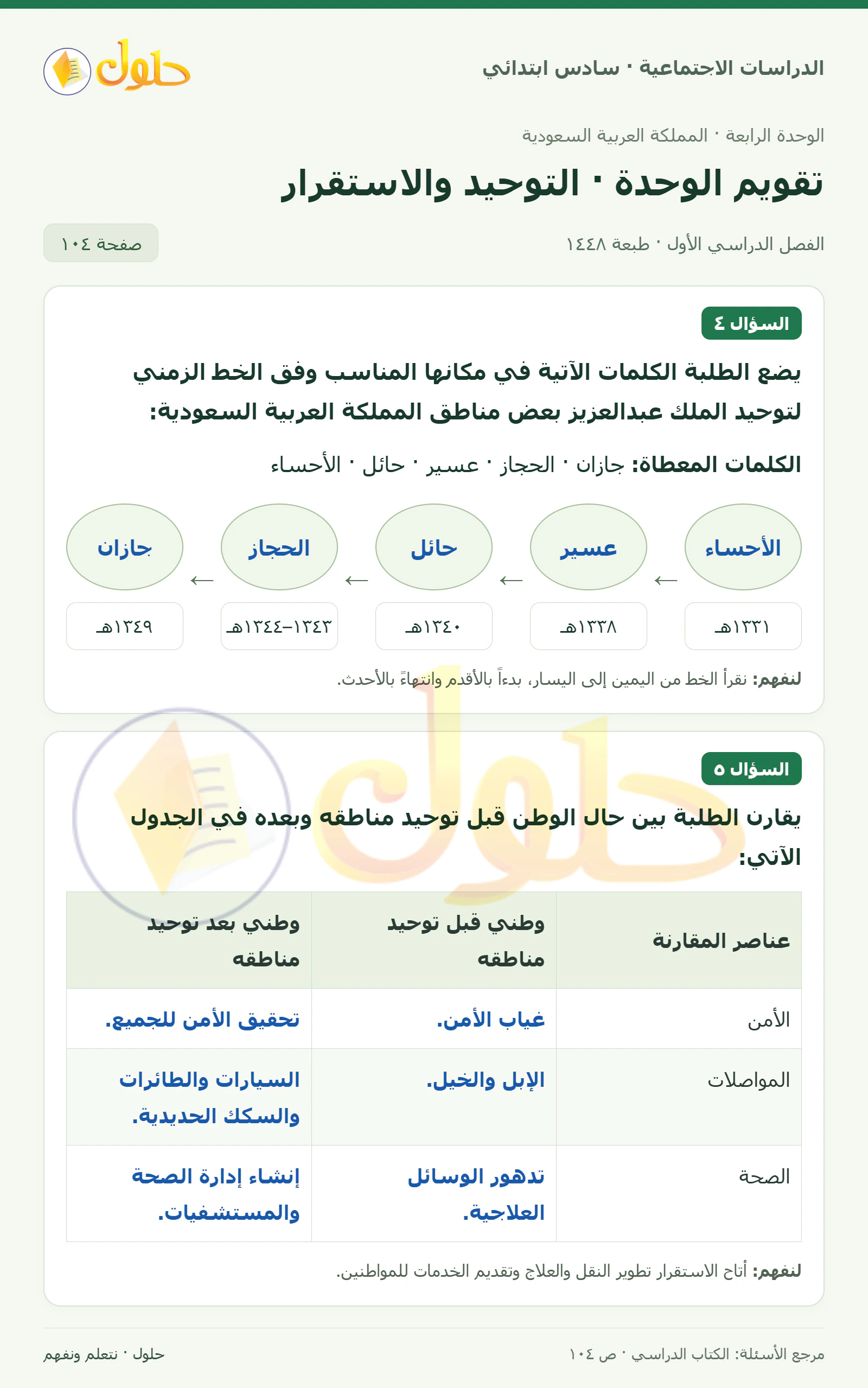حل الدراسات الاجتماعية للصف السادس الابتدائي، الفصل الدراسي الأول، صفحة ١٠٤، الجزء ١