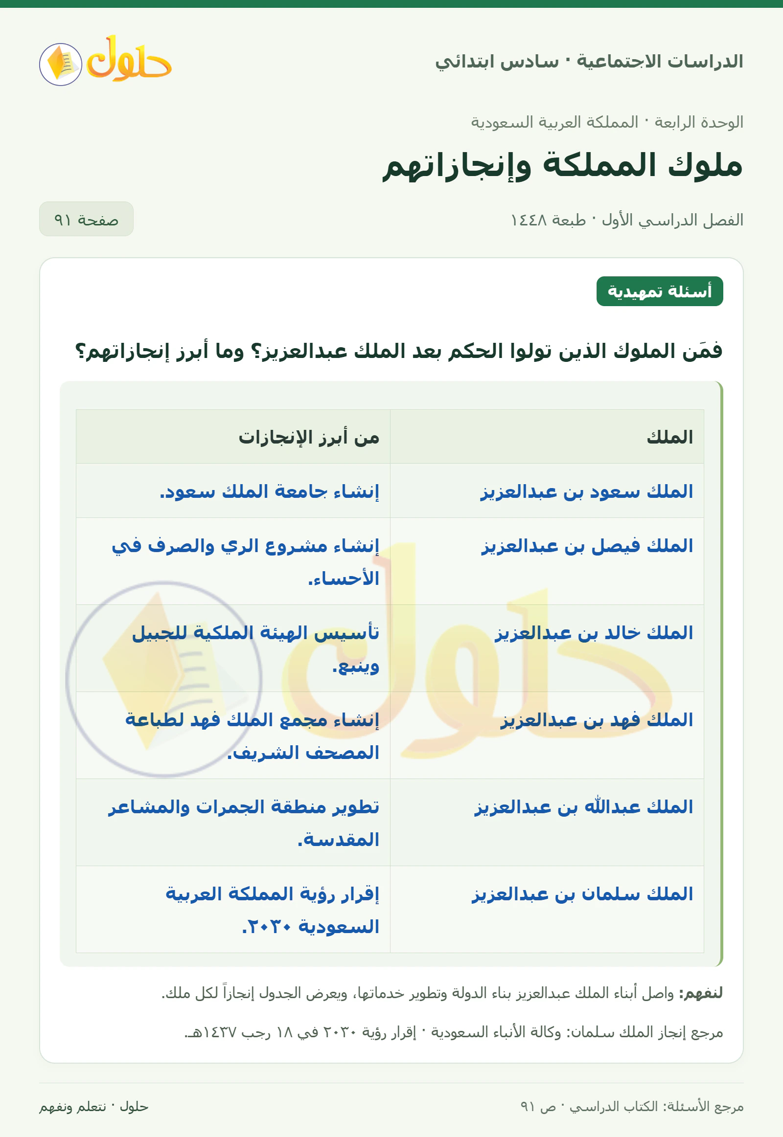 حل الدراسات الاجتماعية للصف السادس الابتدائي، الفصل الدراسي الأول، صفحة ٩١، الجزء ١