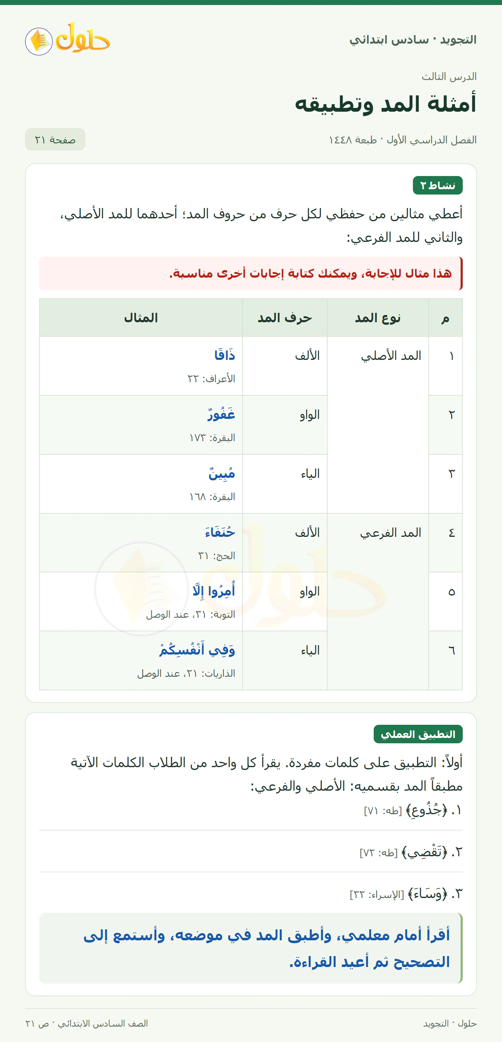 حل التجويد للصف السادس الابتدائي، الفصل الدراسي الأول، المد الأصلي والفرعي، صفحة ٢١، الجزء ١