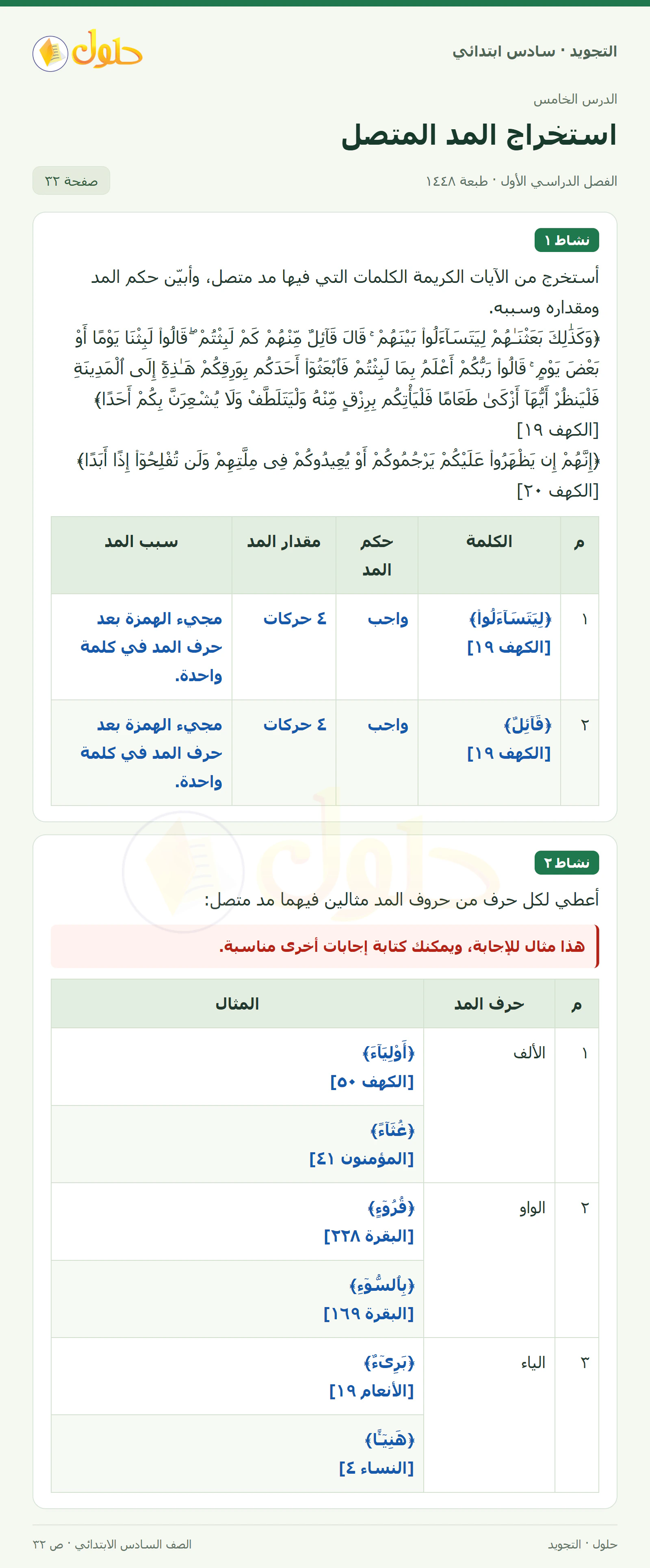 حل التجويد للصف السادس الابتدائي، الفصل الدراسي الأول، المد المتصل، صفحة ٣٢، الجزء ١