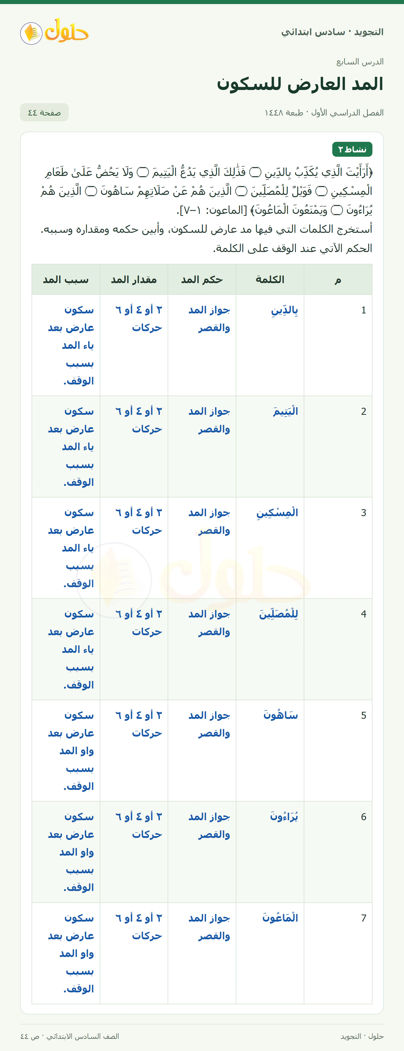 حل التجويد للصف السادس الابتدائي، الفصل الدراسي الأول، المد العارض للسكون، صفحة ٤٤، الجزء ١