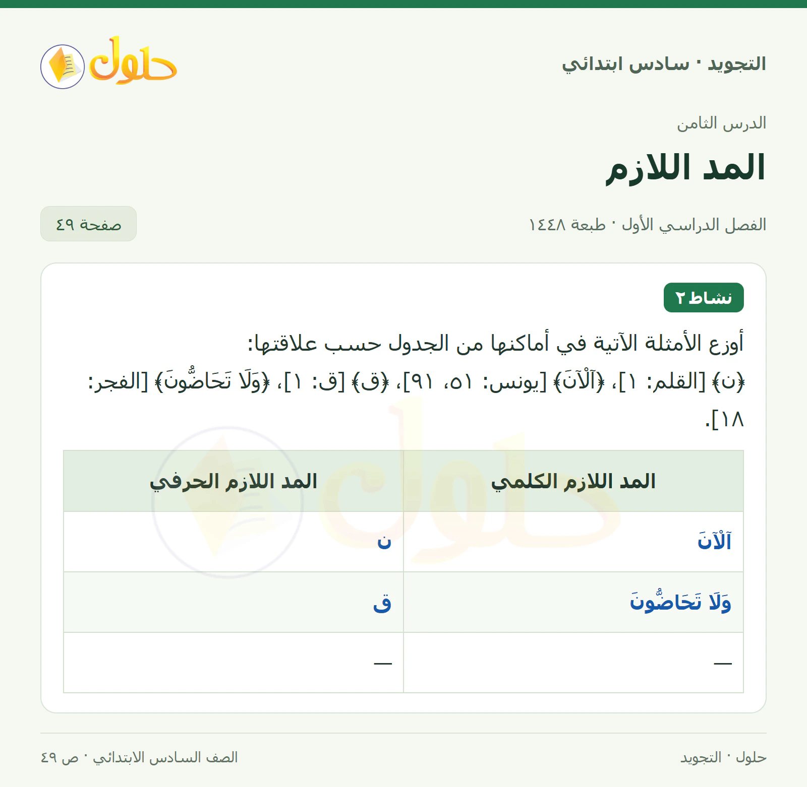 حل التجويد للصف السادس الابتدائي، الفصل الدراسي الأول، المد اللازم، صفحة ٤٩، الجزء ١