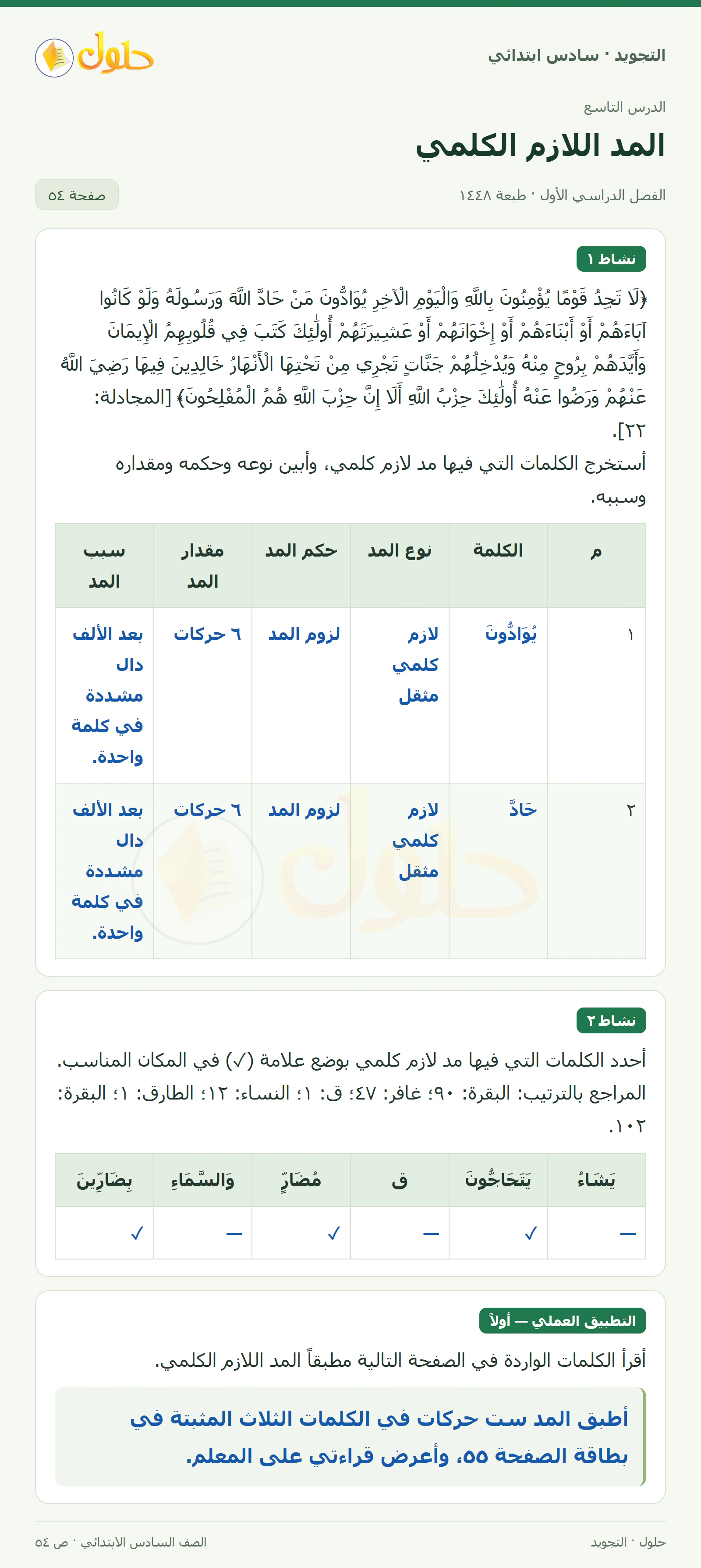 حل التجويد للصف السادس الابتدائي، الفصل الدراسي الأول، المد اللازم الكلمي، صفحة ٥٤، الجزء ١