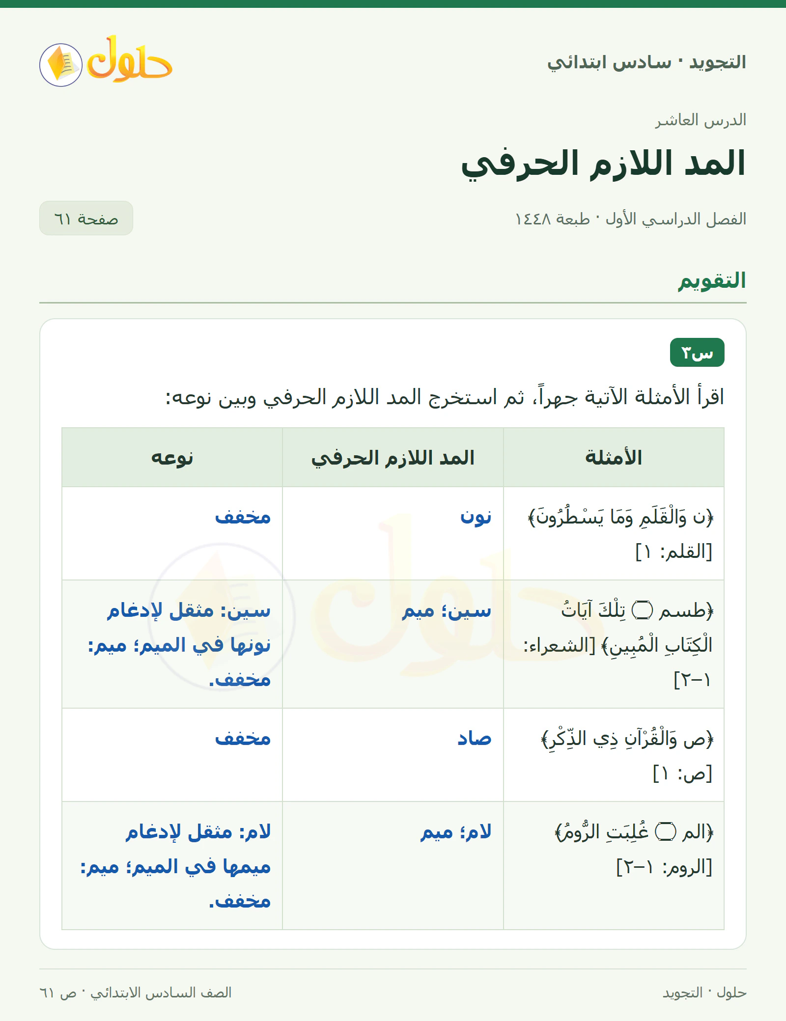 حل التجويد للصف السادس الابتدائي، الفصل الدراسي الأول، المد اللازم الحرفي، صفحة ٦١، الجزء ١