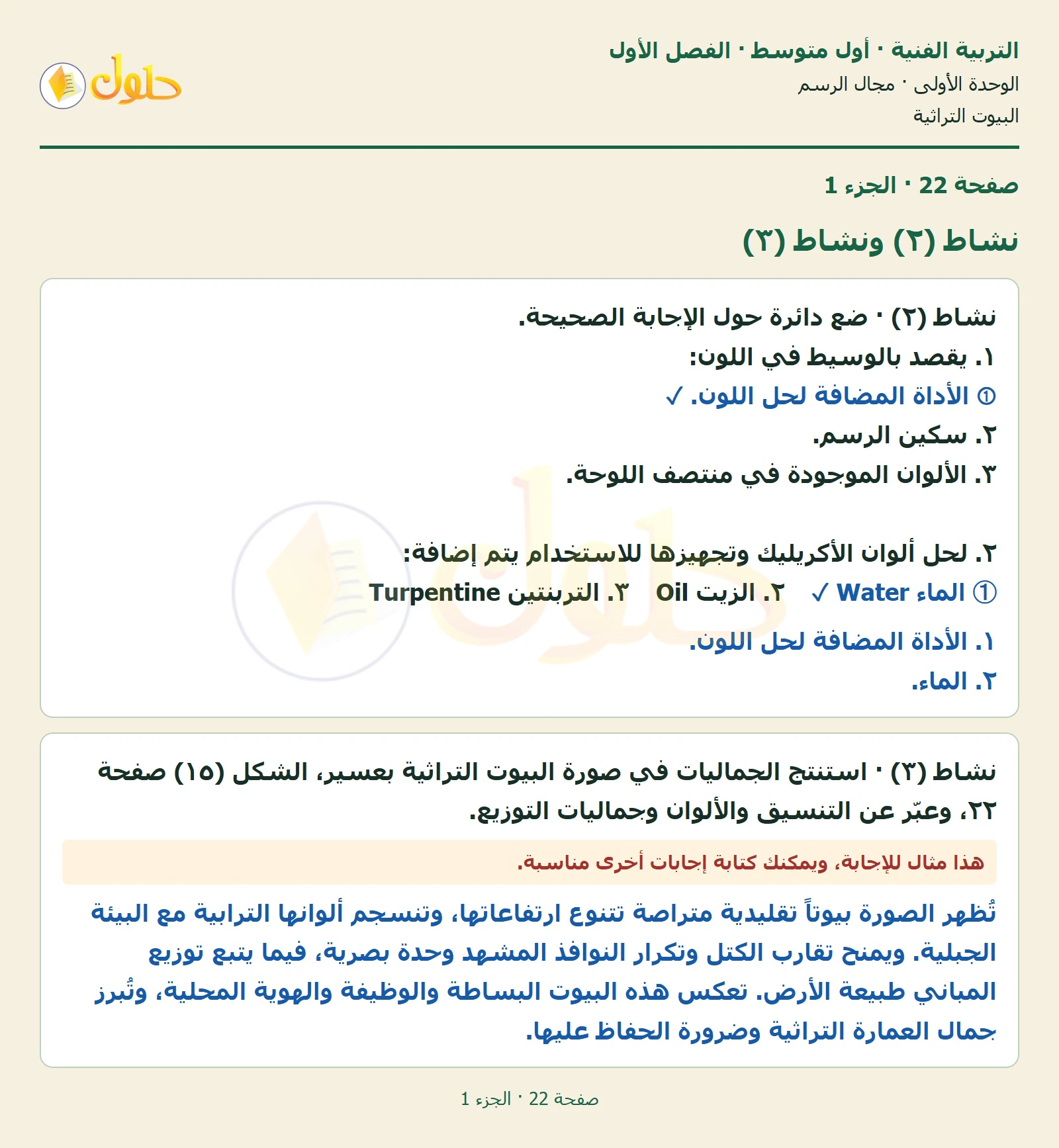 حل التربية الفنية للصف الأول المتوسط صفحة 22 الجزء 1