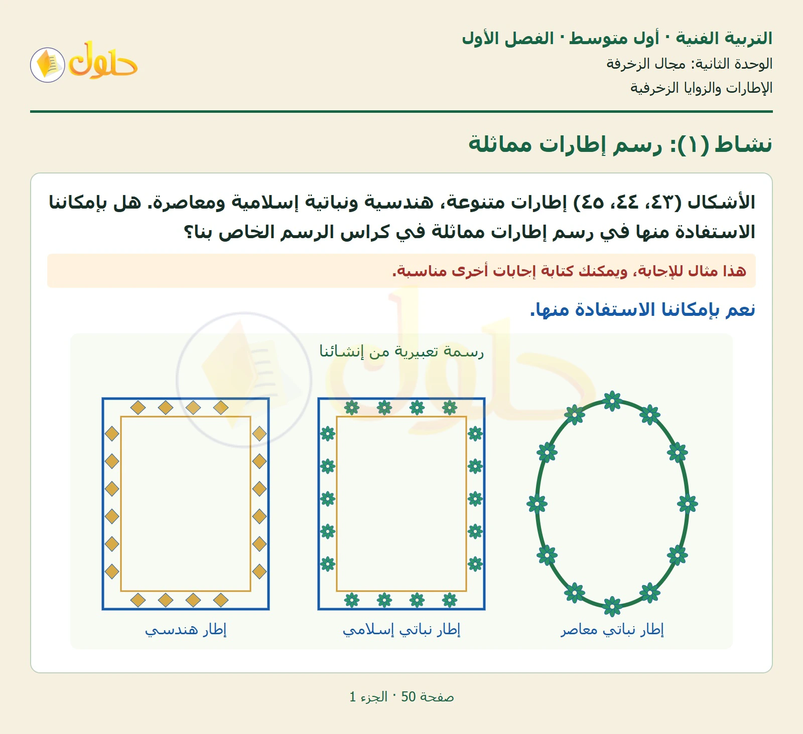 حل التربية الفنية للصف الأول المتوسط صفحة 50 الجزء 1