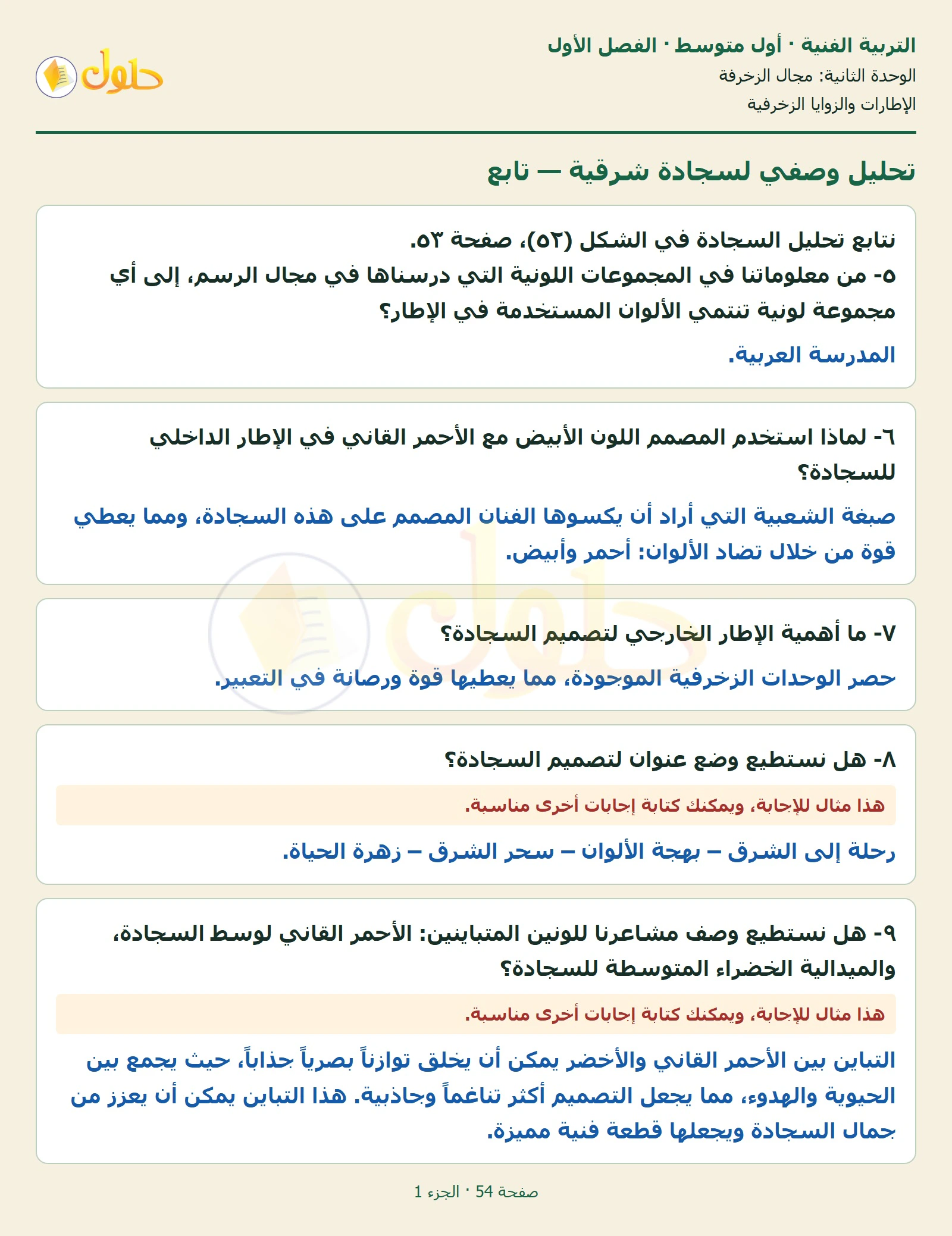 حل التربية الفنية للصف الأول المتوسط صفحة 54 الجزء 1