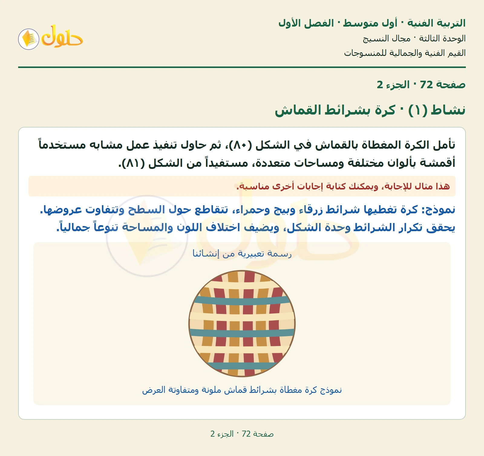 حل التربية الفنية للصف الأول المتوسط صفحة 72 الجزء 2