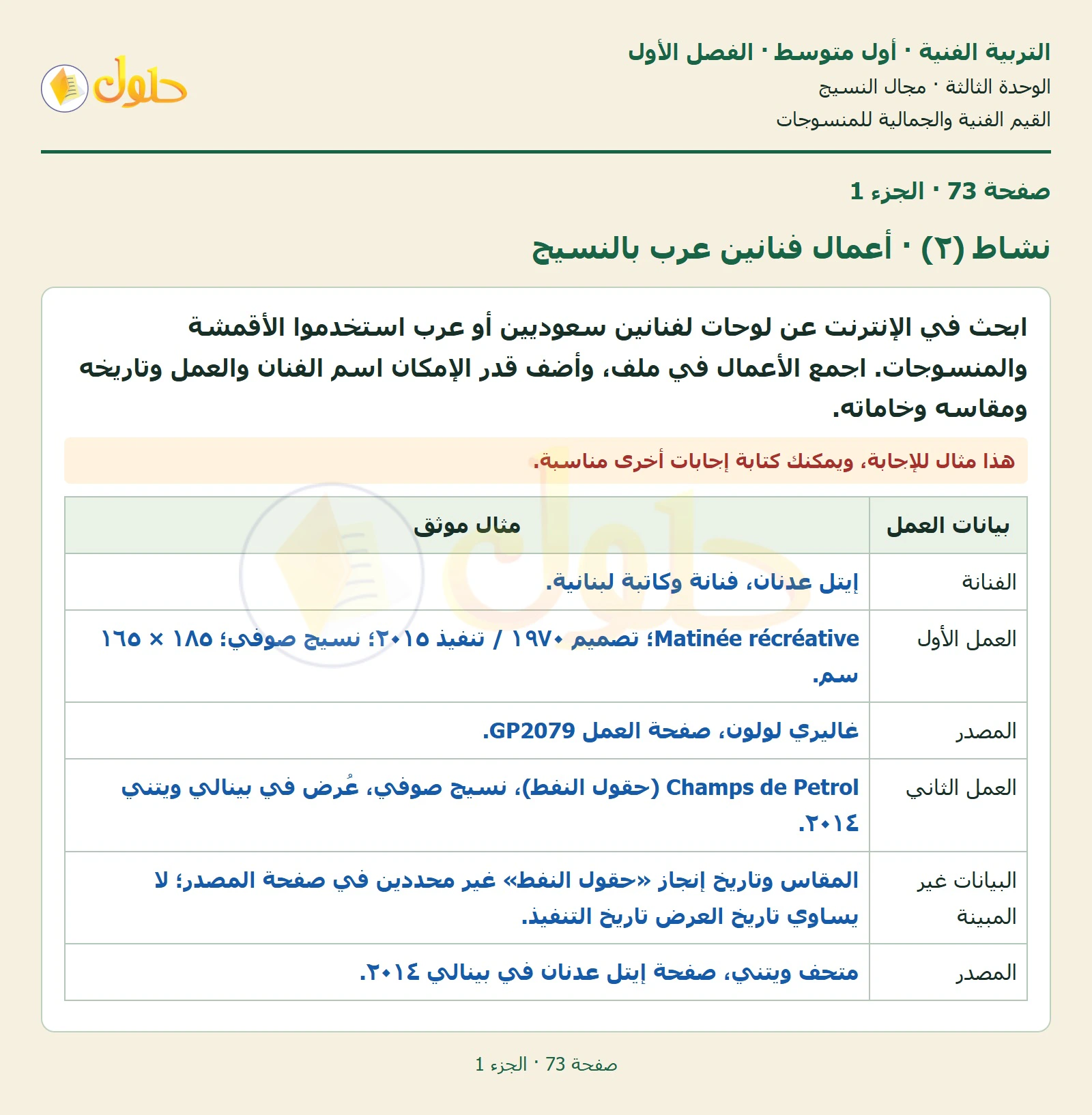 حل التربية الفنية للصف الأول المتوسط صفحة 73 الجزء 1