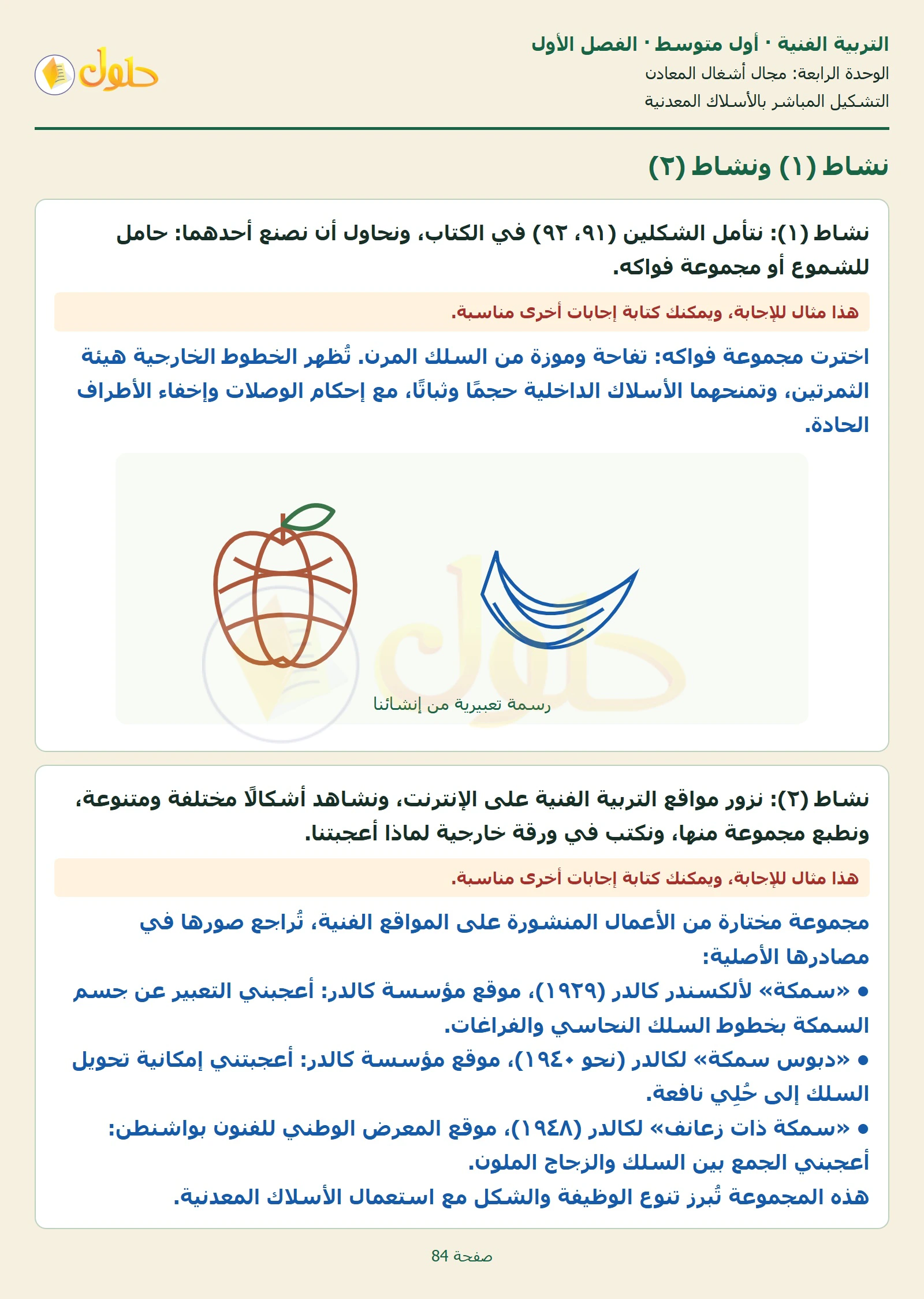 حل التربية الفنية للصف الأول المتوسط صفحة 84 الجزء 1
