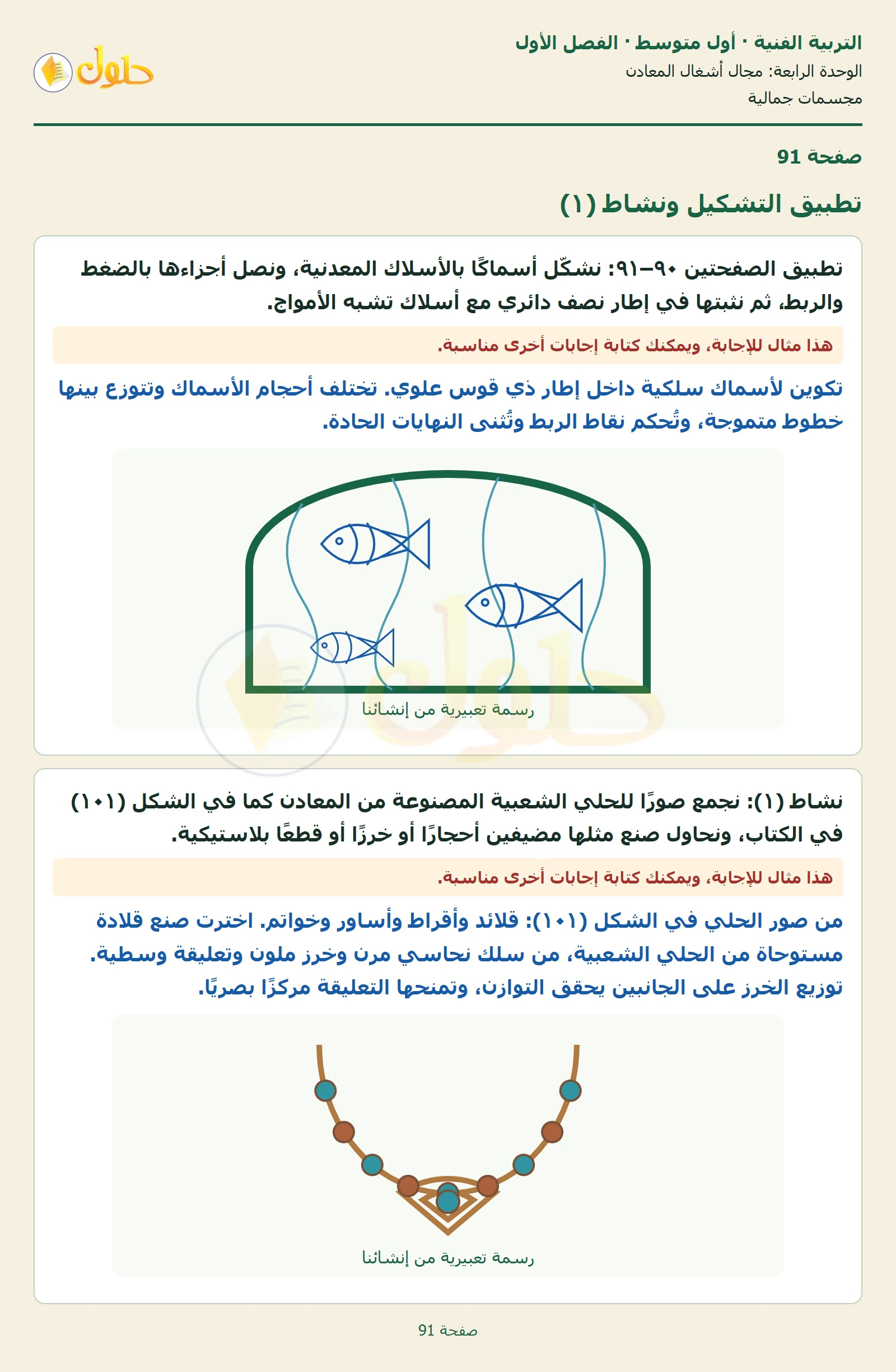 حل التربية الفنية للصف الأول المتوسط صفحة 91 الجزء 1