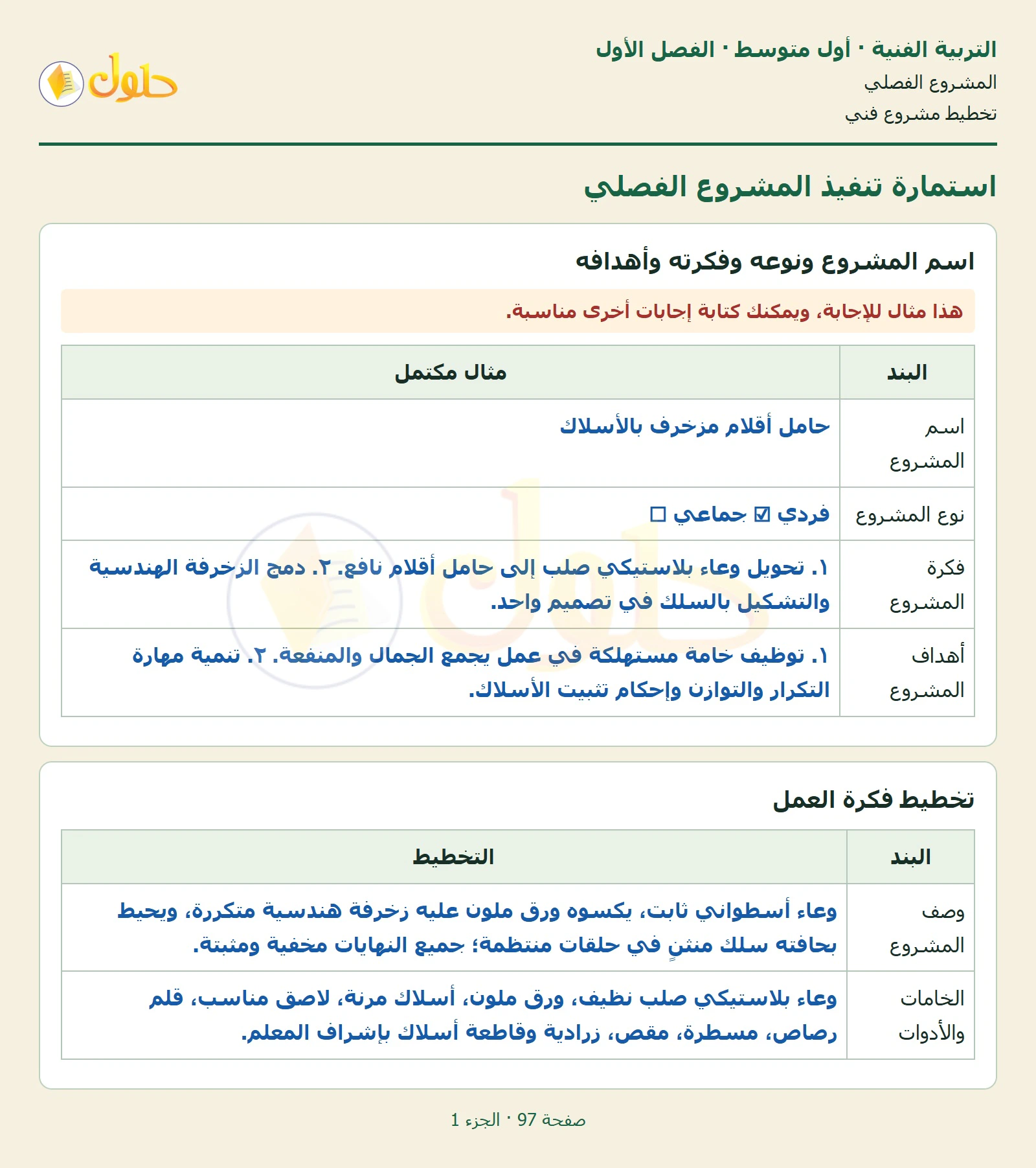 حل التربية الفنية للصف الأول المتوسط صفحة 97 الجزء 1