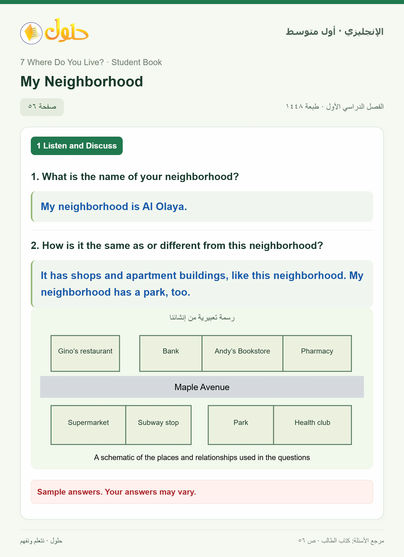 حل اللغة الإنجليزية للصف الأول المتوسط صفحة ٥٦