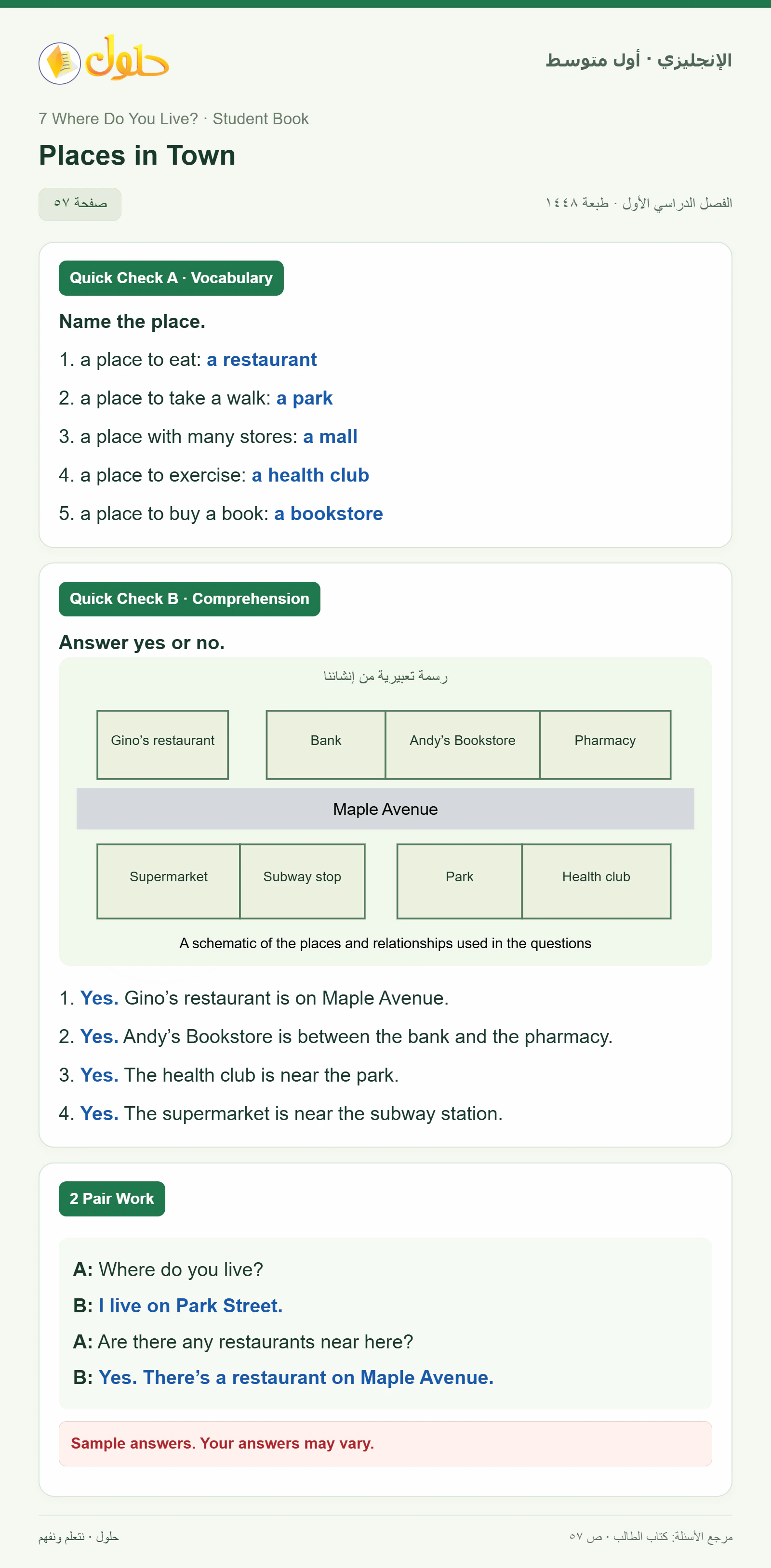 حل اللغة الإنجليزية للصف الأول المتوسط صفحة ٥٧