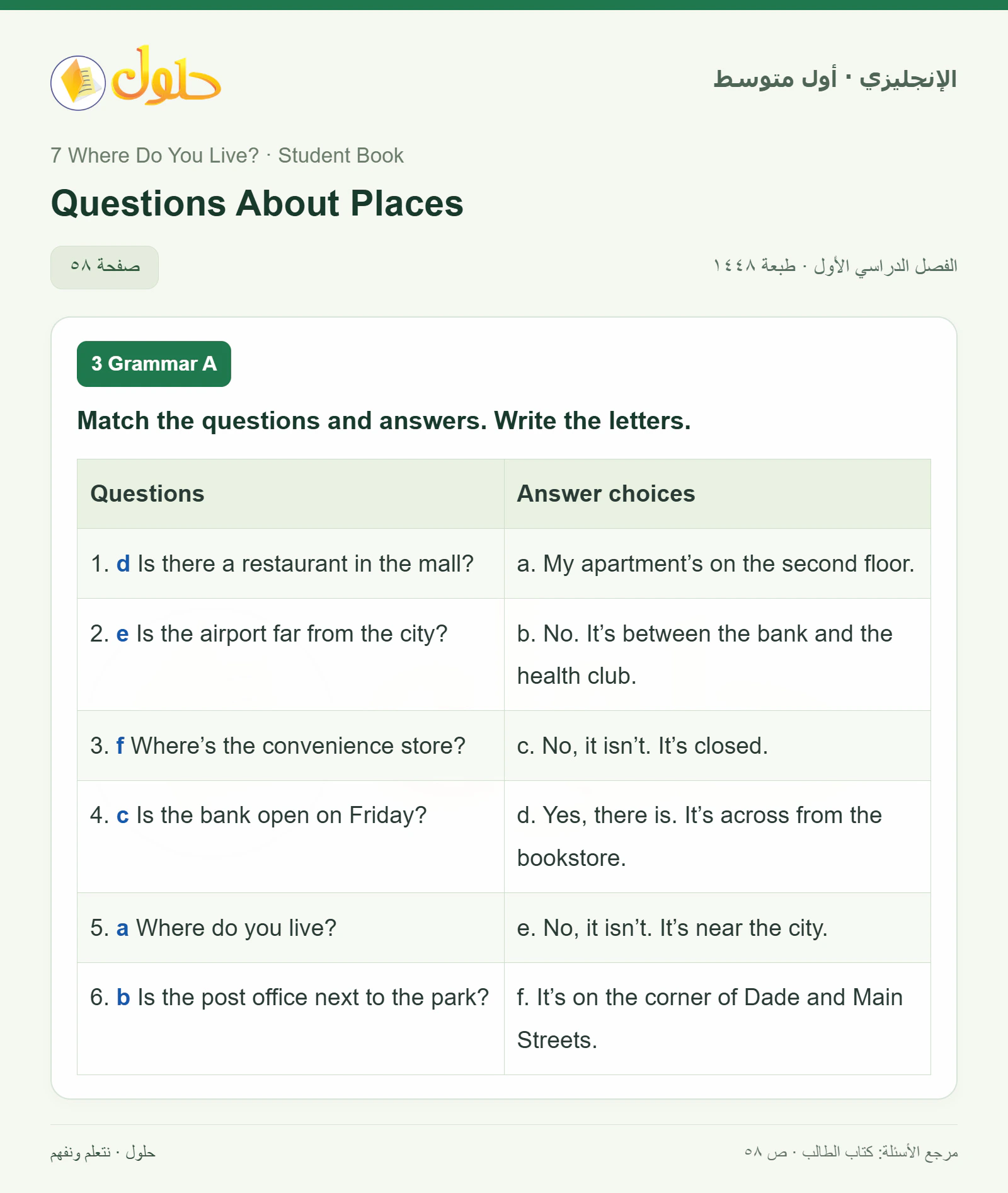 حل اللغة الإنجليزية للصف الأول المتوسط صفحة ٥٨