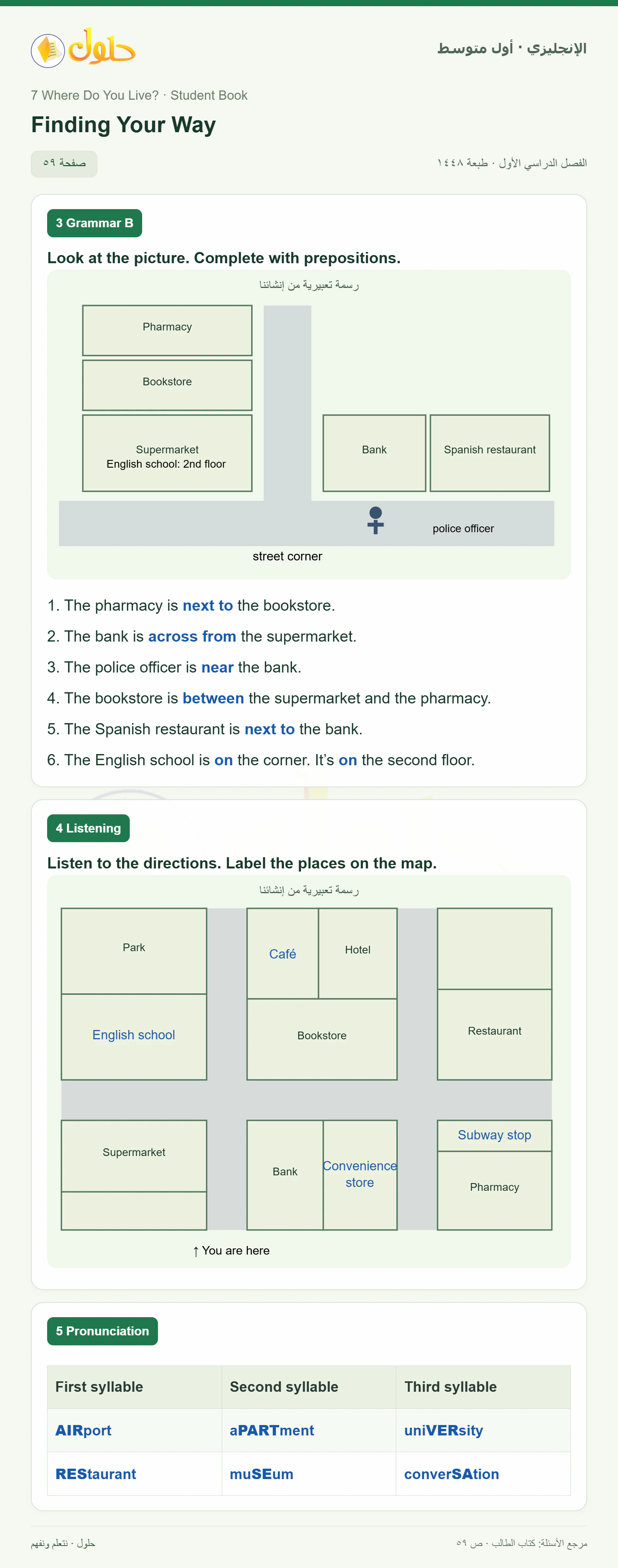 حل اللغة الإنجليزية للصف الأول المتوسط صفحة ٥٩