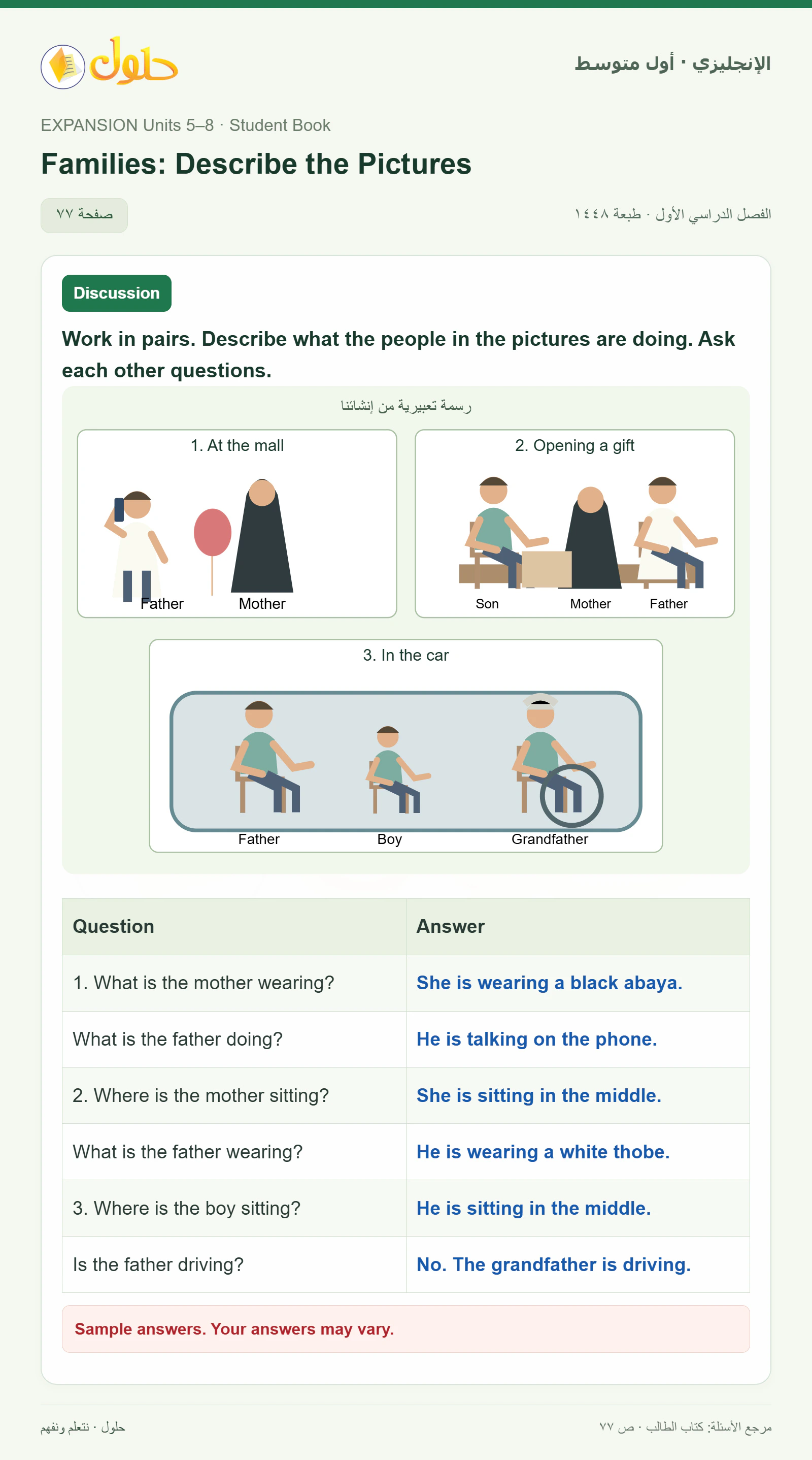 حل اللغة الإنجليزية للصف الأول المتوسط صفحة ٧٧ — الجزء ٢