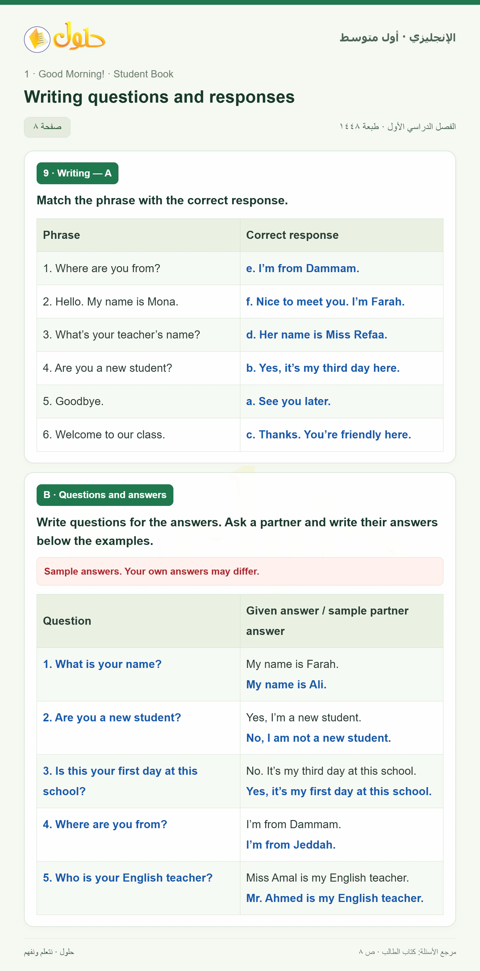 حل اللغة الإنجليزية للصف الأول المتوسط صفحة ٨ — الجزء ١