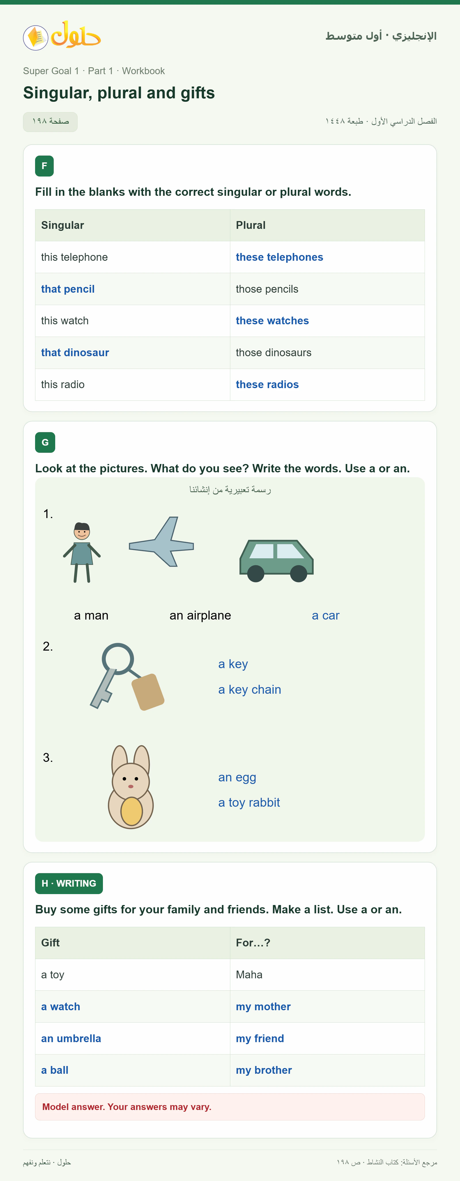 حل اللغة الإنجليزية للصف الأول المتوسط صفحة ١٩٨