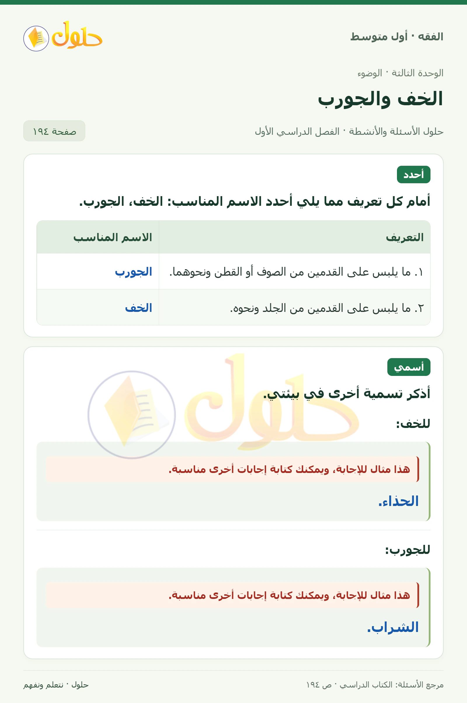 حل فقه أول متوسط، الفصل الدراسي الأول، صفحة ١٩٤، الجزء ١