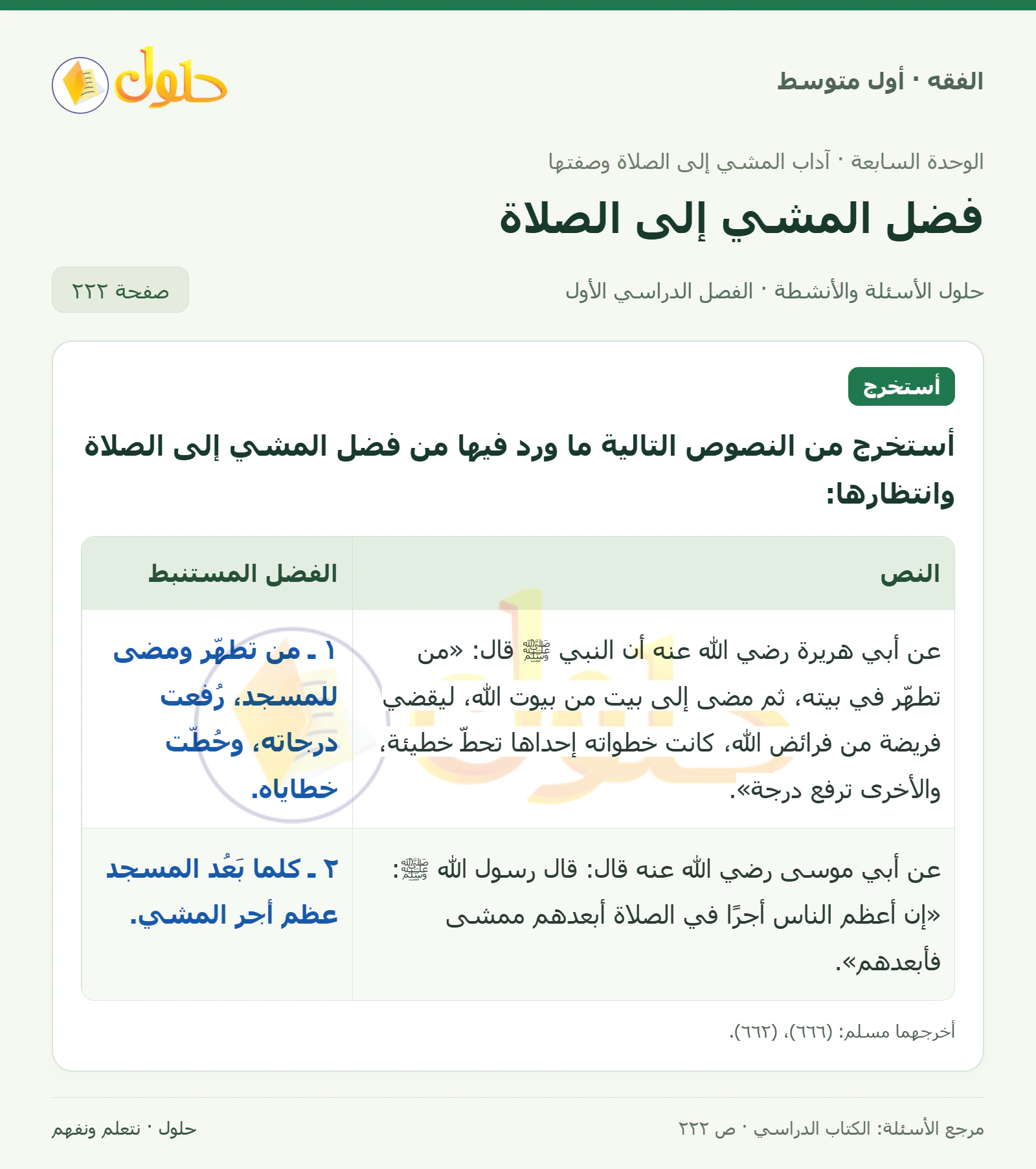 حل فقه أول متوسط، الفصل الدراسي الأول، صفحة ٢٢٢، الجزء ١