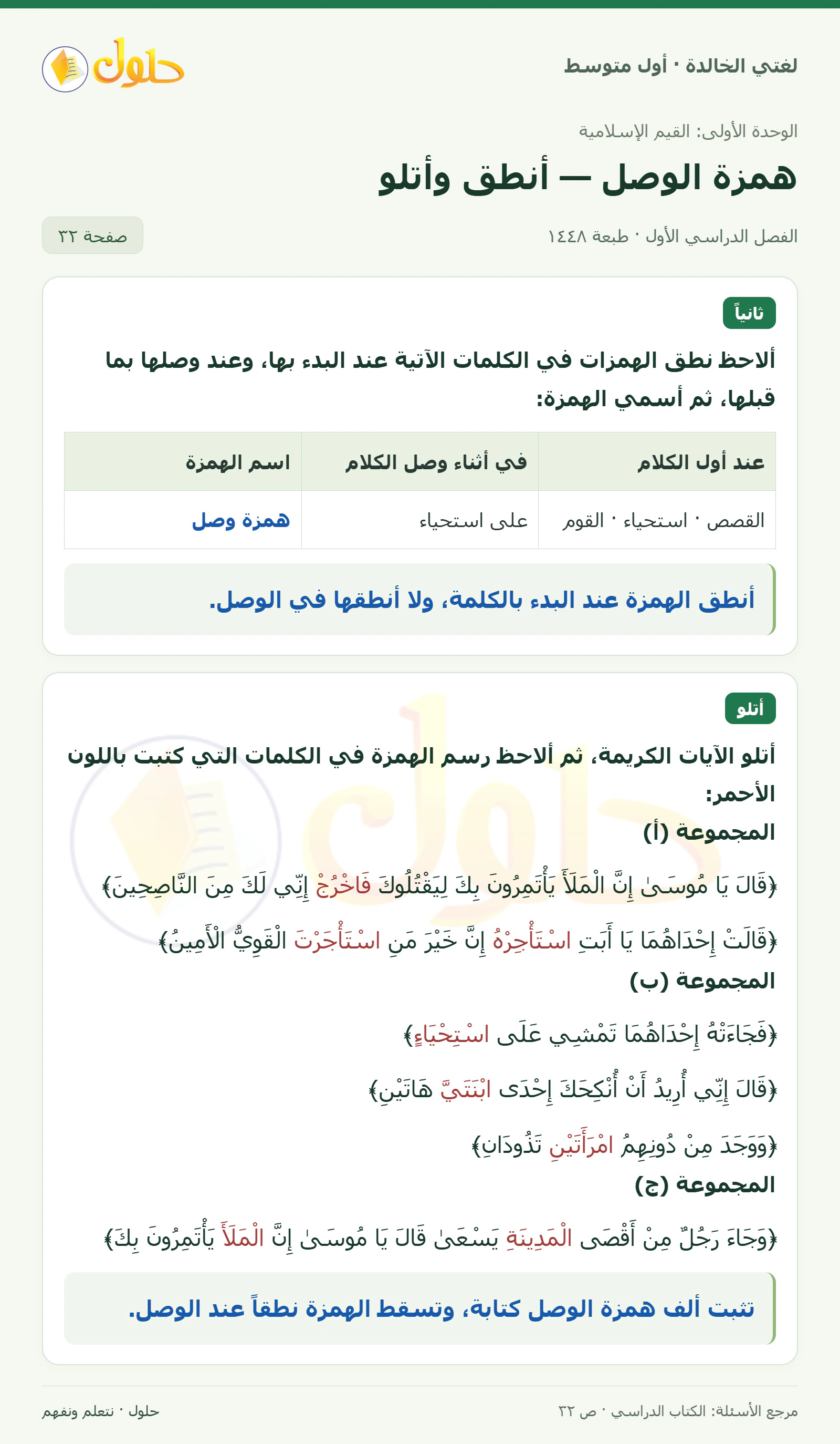 حل لغتي الخالدة للصف الأول المتوسط صفحة 32 الجزء 1